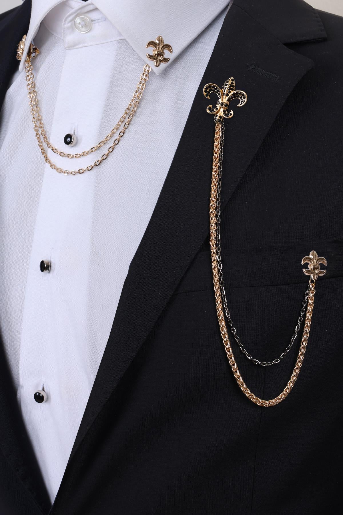 Esgue Gold Renk Taşlı Kraliyet Zambağı Ceket & Gömlek Zincirli Yaka Broş Seti