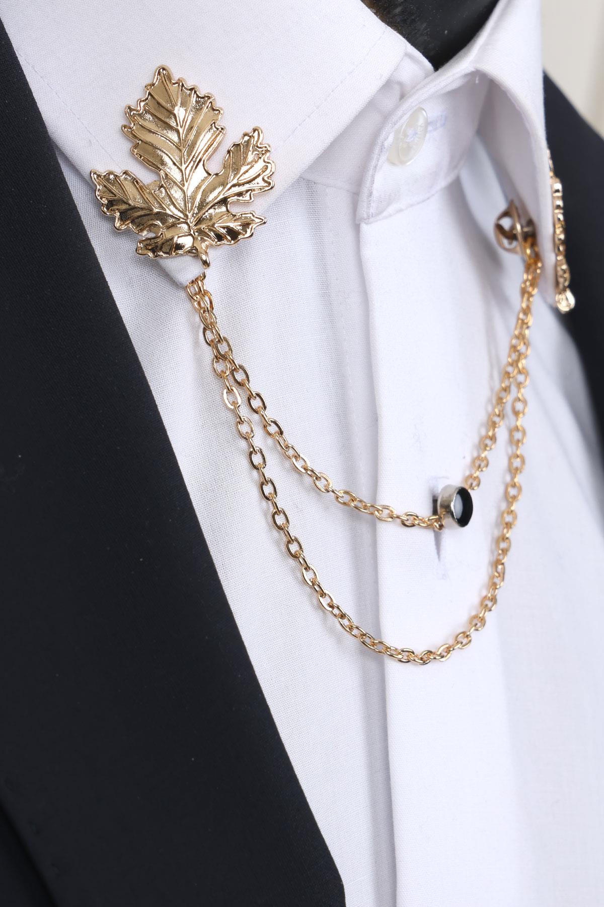 Esgue Gold Renk Yaprak Yaka Broş