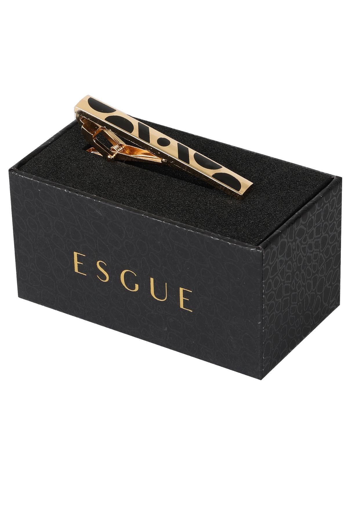 Esgue Gold Siyah Renk Geometrik Desenli Klasik Kravat Klipsi – KM:5270