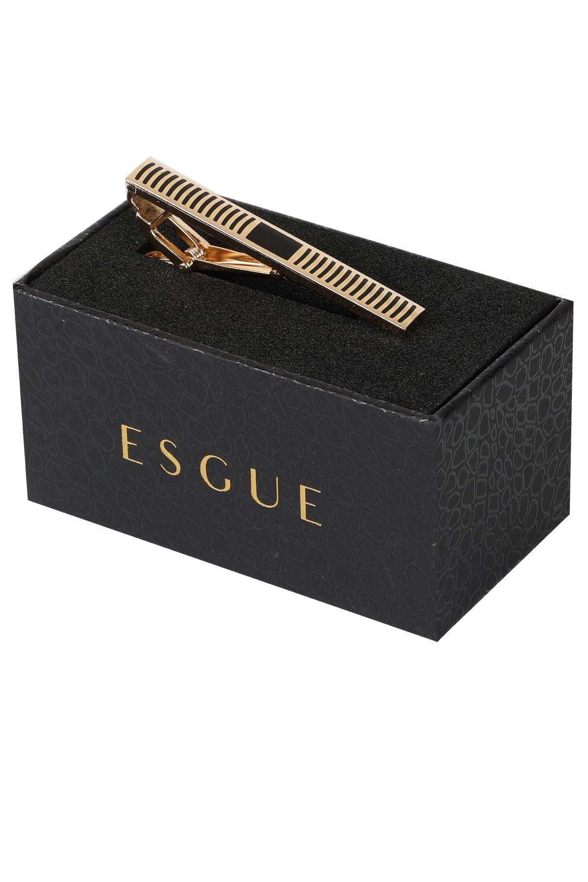 Esgue Gold Siyah Renk İnce Çizgili Minimal Kravat Klipsi – KM:5266