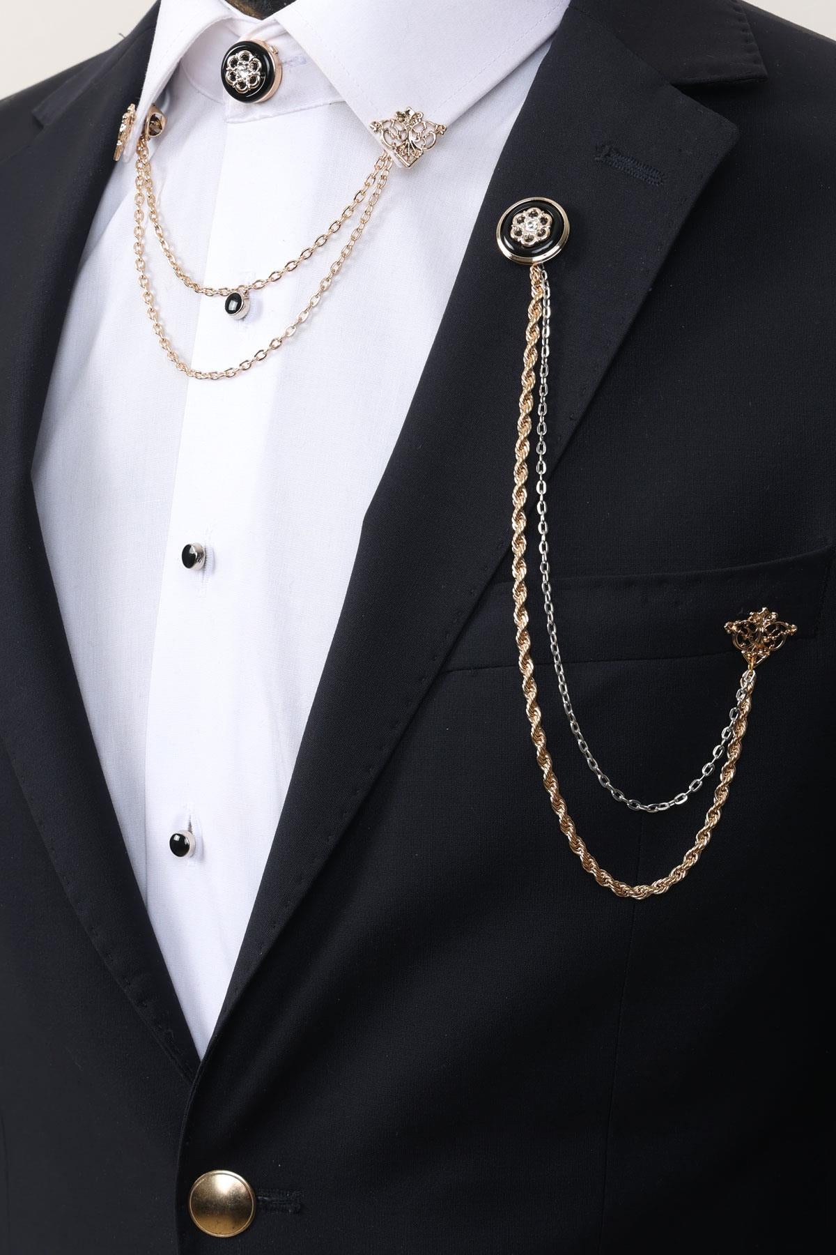 Esgue Gold Renk Zincirli Ceket & Gömlek Broş & Düğme Broş Klips Seti