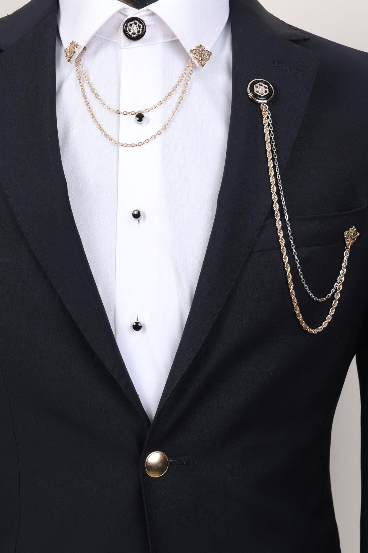 Esgue Gold Renk Zincirli Ceket & Gömlek Broş & Düğme Broş Klips Seti