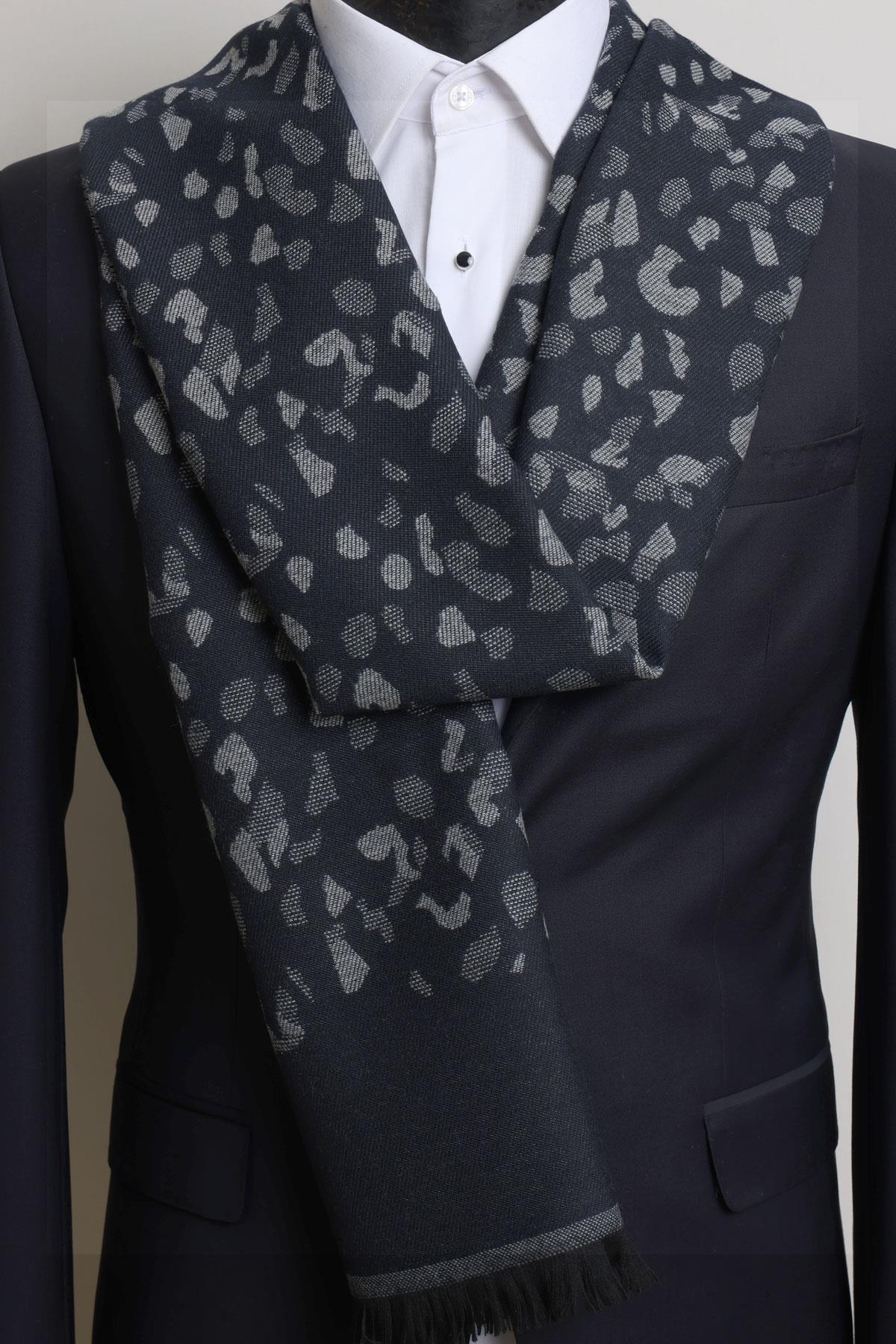 Esgue Gri-Lacivert Çift Taraflı Küçük Desenli Viskon Kaşkol