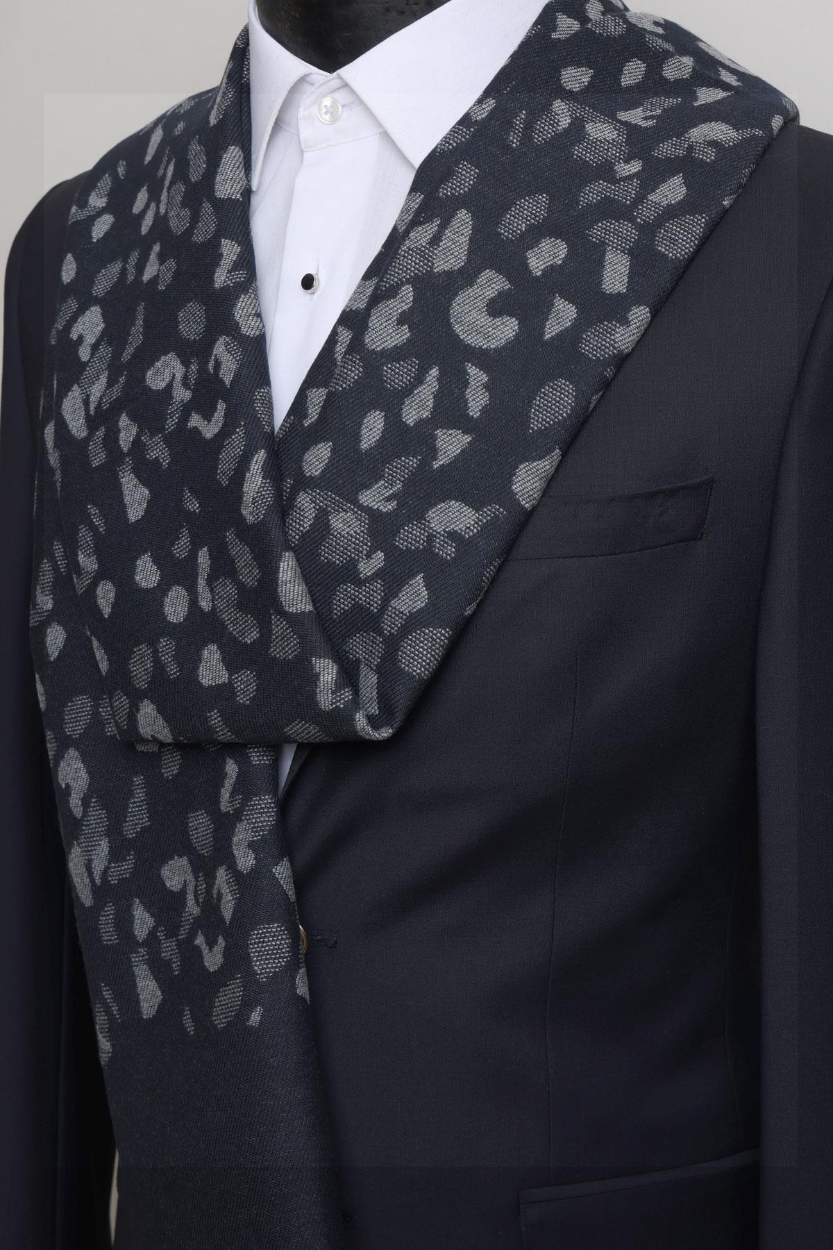 Esgue Gri-Lacivert Çift Taraflı Küçük Desenli Viskon Kaşkol