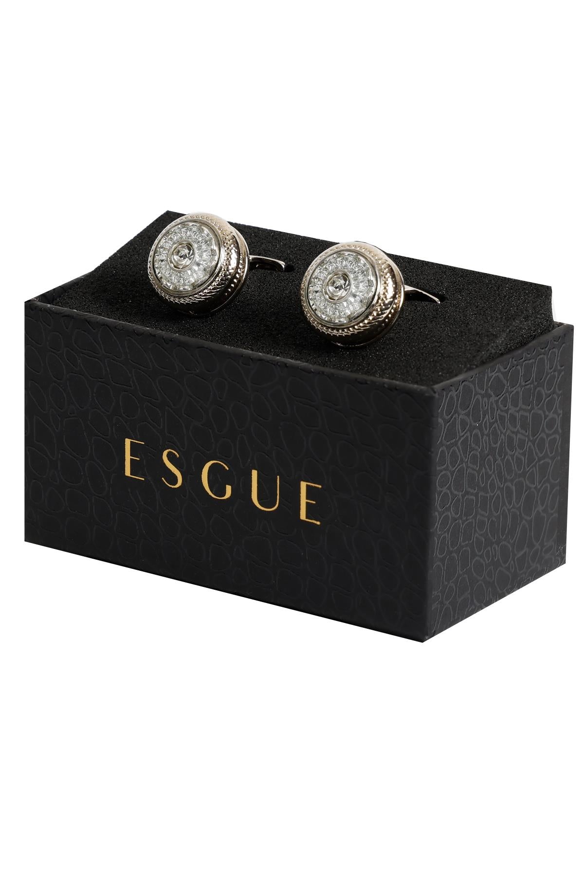 Esgue Gümüş Renk Beyaz Taşlı Desenli Yuvarlak Kol Düğmesi KD:7204