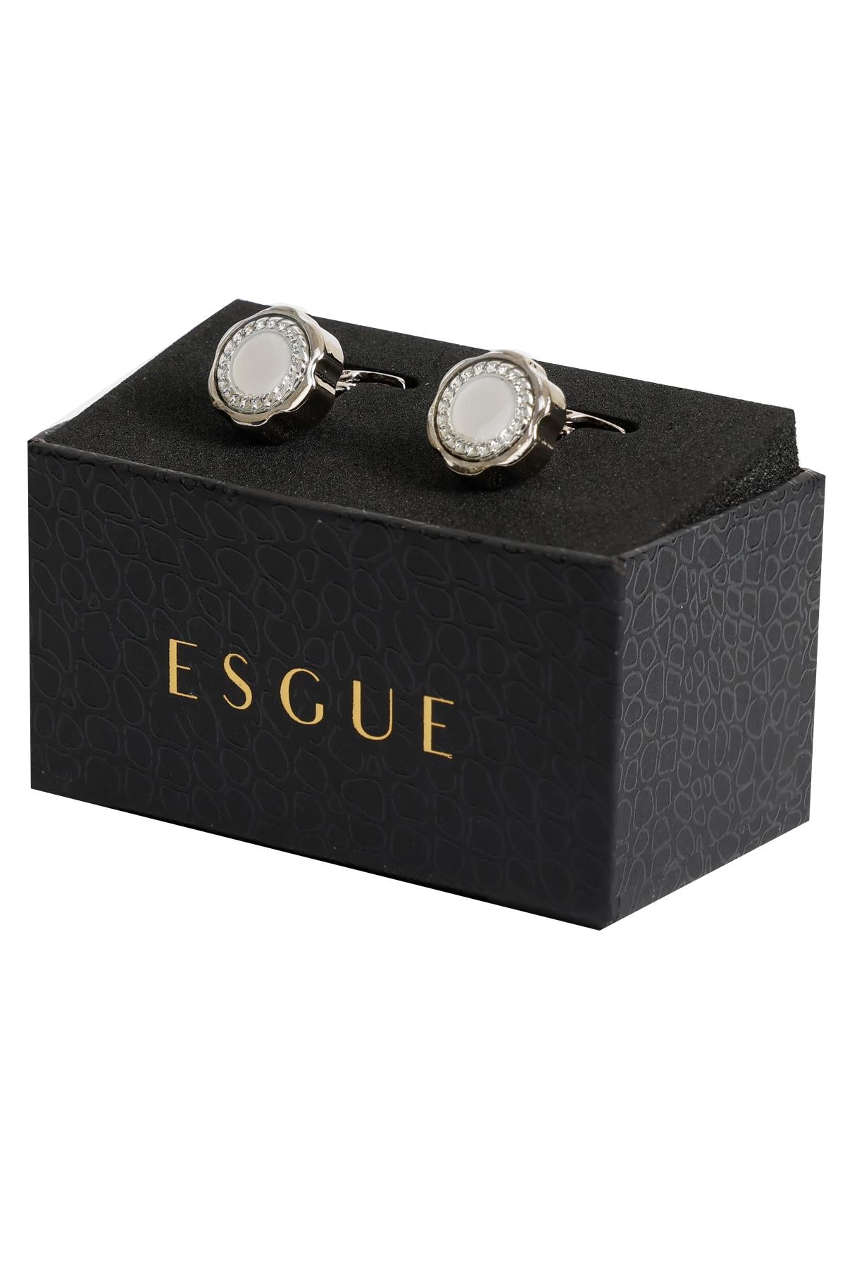 Esgue Gümüş Renk Beyaz Yuvarlak Desenli Kol Düğmesi KD:7006