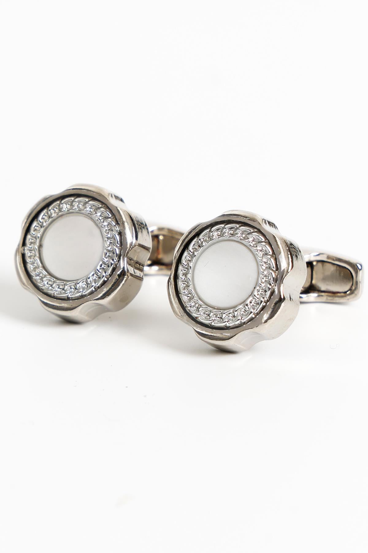 Esgue Gümüş Renk Beyaz Yuvarlak Desenli Kol Düğmesi KD:7006