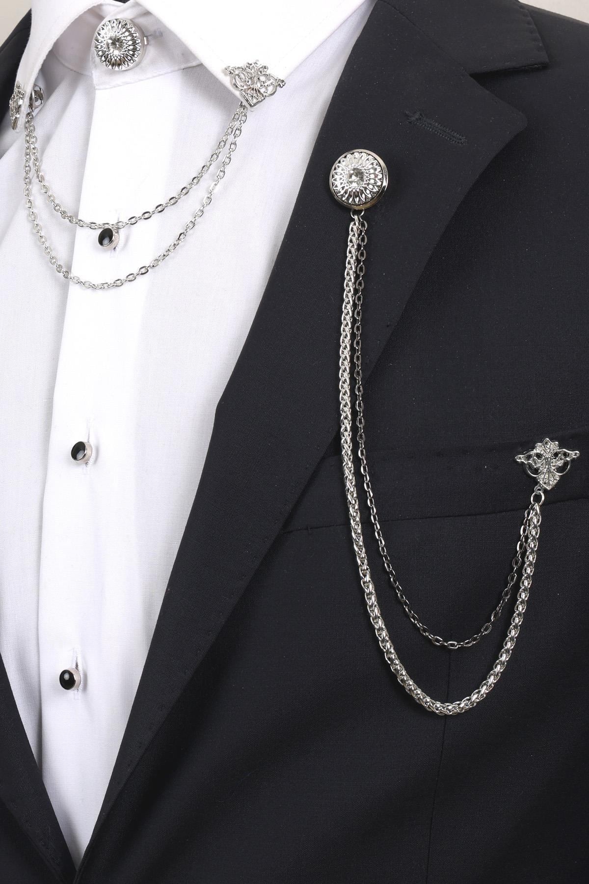 Esgue Gümüş Renk Taşlı Desenli Yaka Broş Seti – 3 Parça Zincirli Takım Elbise Gömlek Yaka Seti (BRS16)