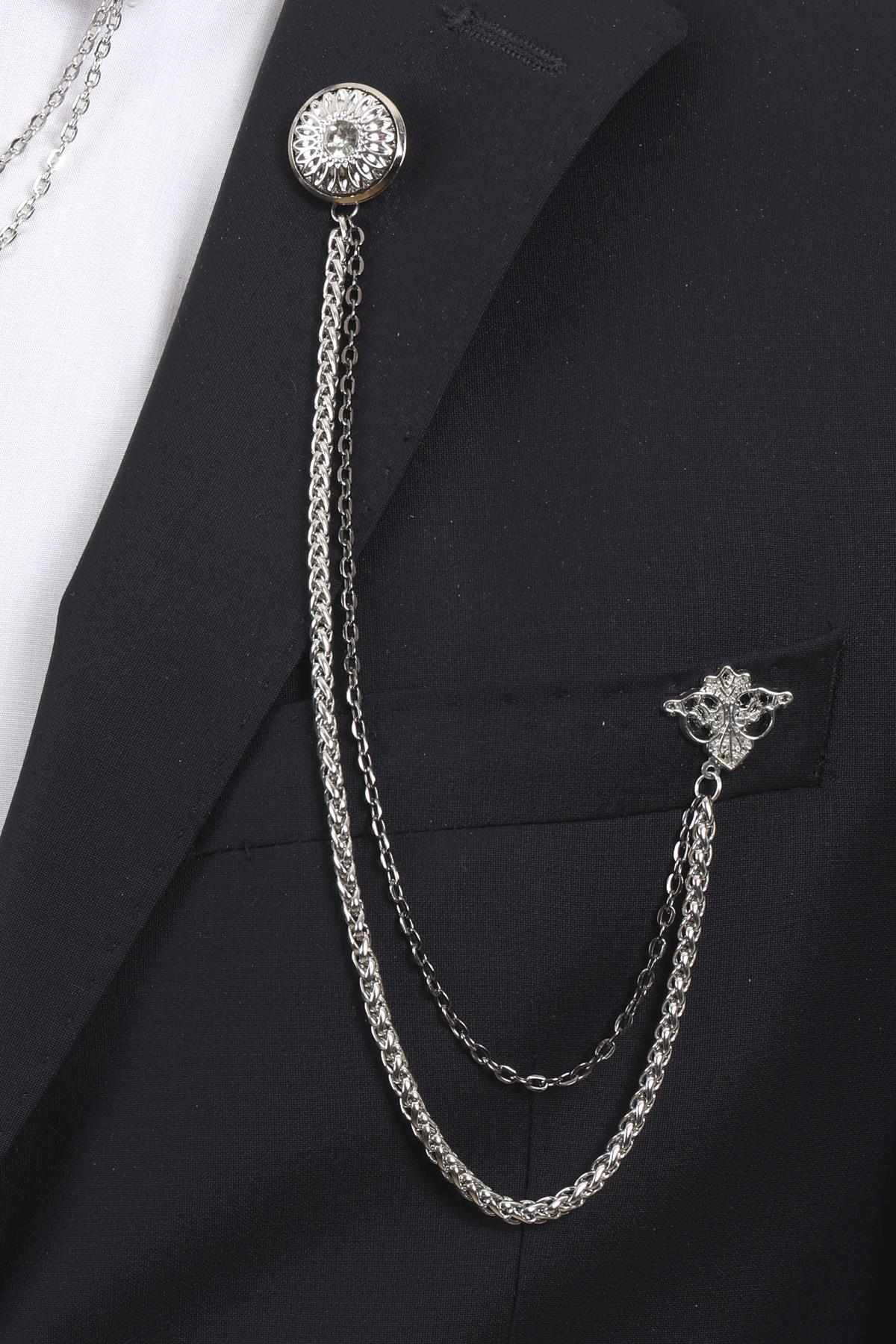 Esgue Gümüş Renk Taşlı Desenli Yaka Broş Seti – 3 Parça Zincirli Takım Elbise Gömlek Yaka Seti (BRS16)