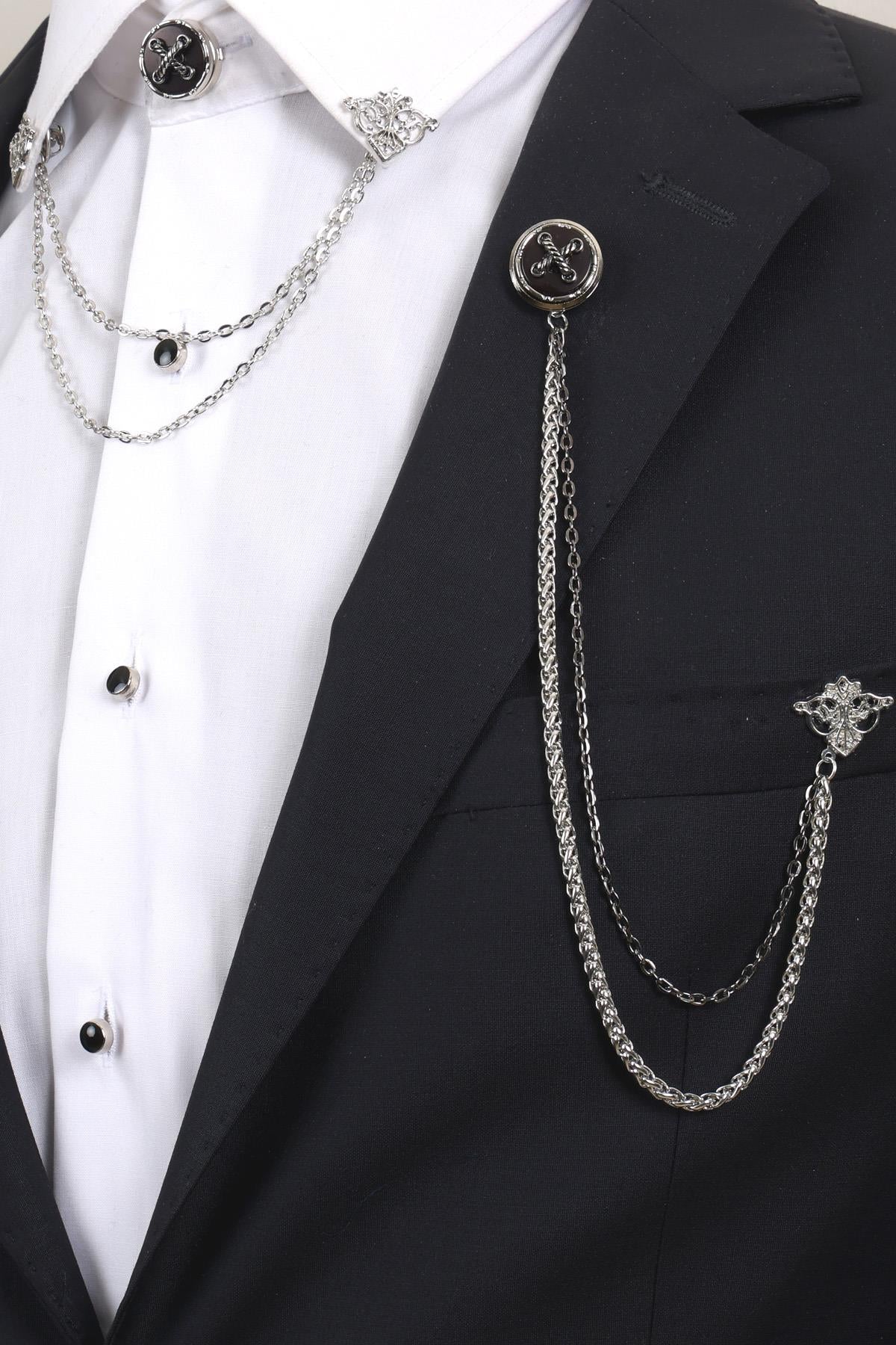 Esgue Gümüş Renk Halat Desenli Yaka Broş Seti – 3 Parça Zincirli Takım Elbise Gömlek Yaka Seti (BRS18)