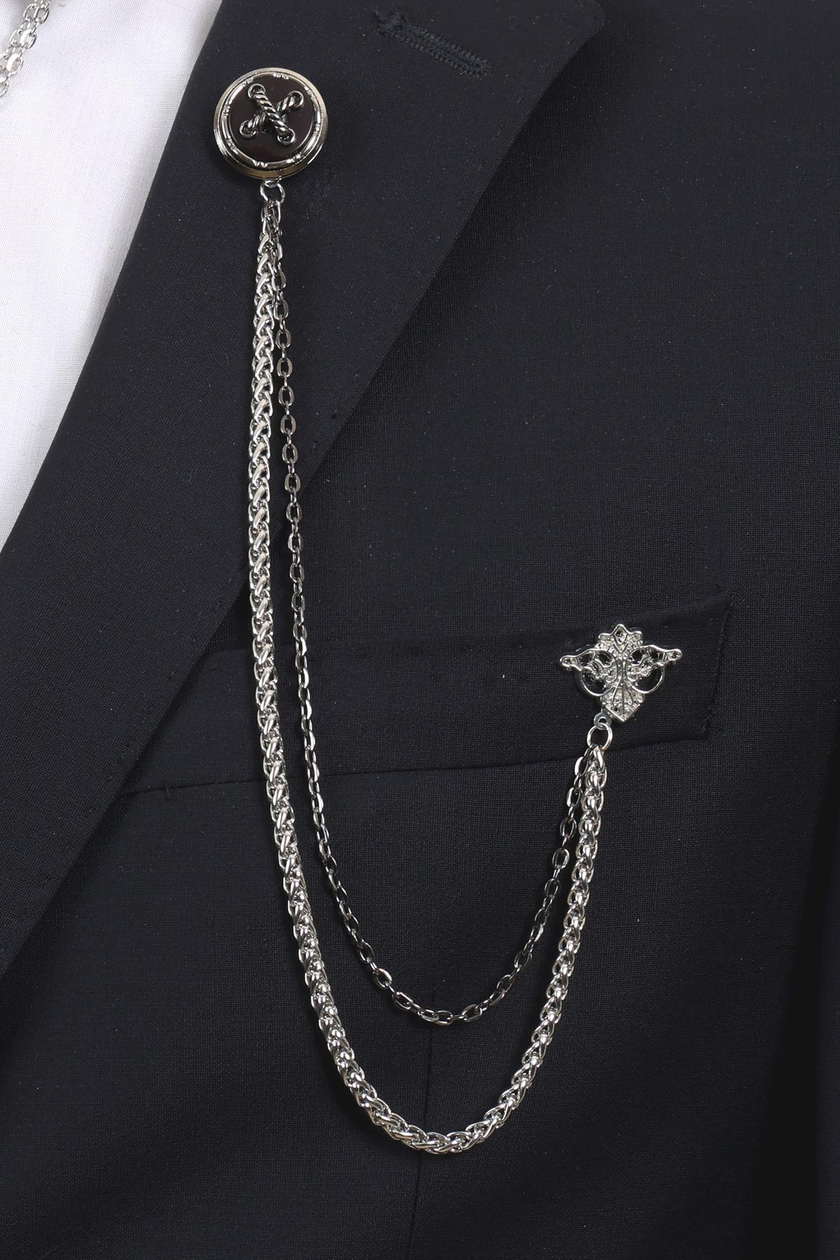 Esgue Gümüş Renk Halat Desenli Yaka Broş Seti – 3 Parça Zincirli Takım Elbise Gömlek Yaka Seti (BRS18)