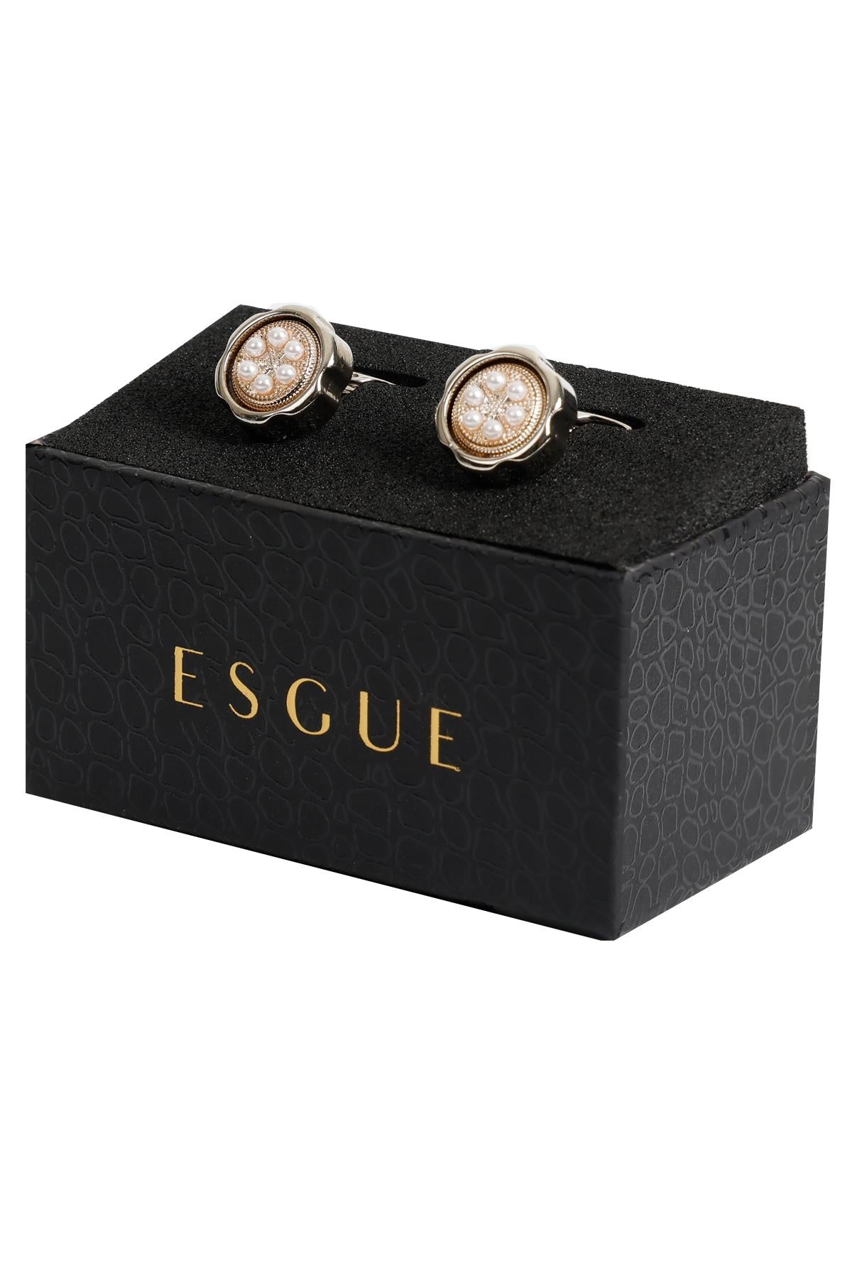 Esgue Gümüş Renk Gold İnci Taşlı Yuvarlak Desenli Kol Düğmesi KD:7001