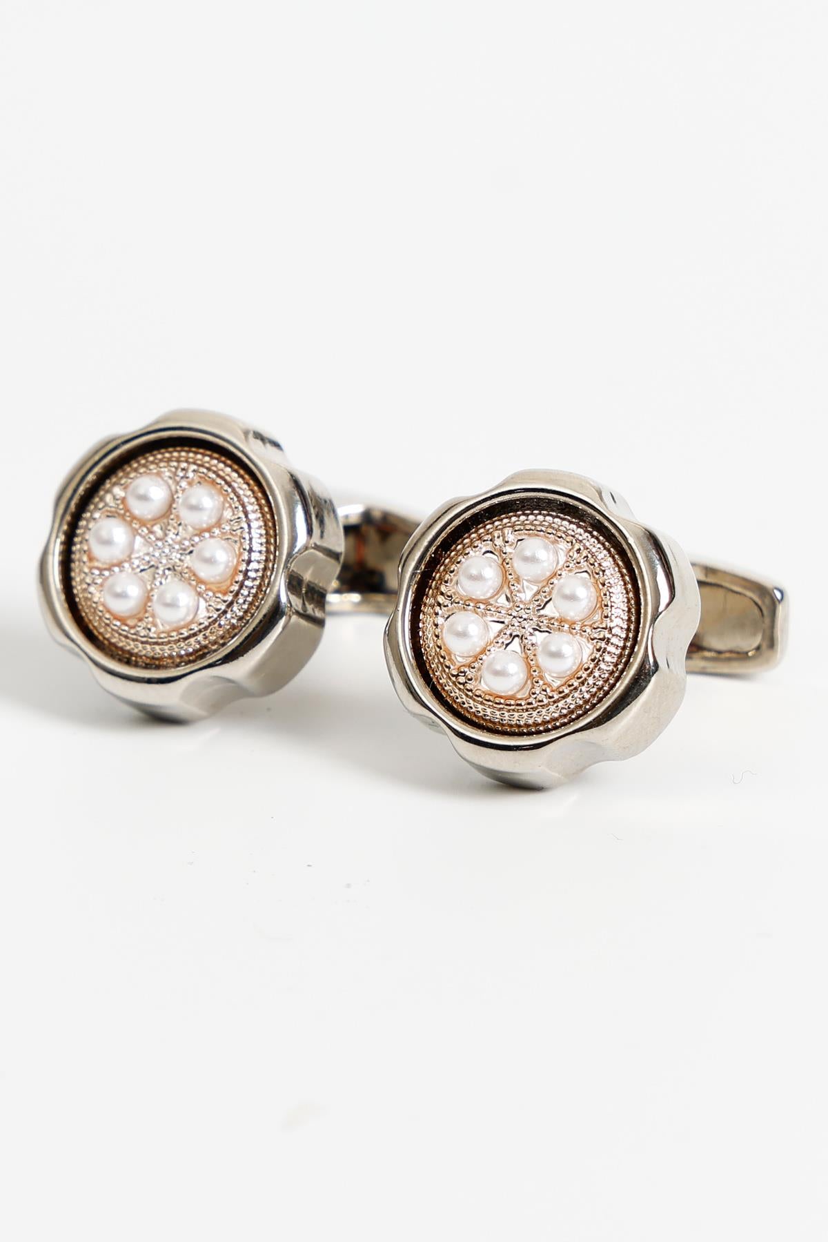 Esgue Gümüş Renk Gold İnci Taşlı Yuvarlak Desenli Kol Düğmesi KD:7001