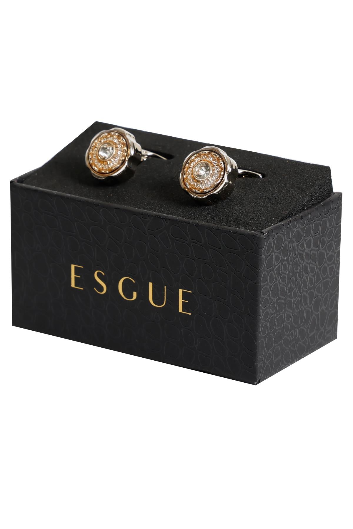 Esgue Gümüş Renk Gold Taşlı Yuvarlak Desenli Kol Düğmesi KD:7007