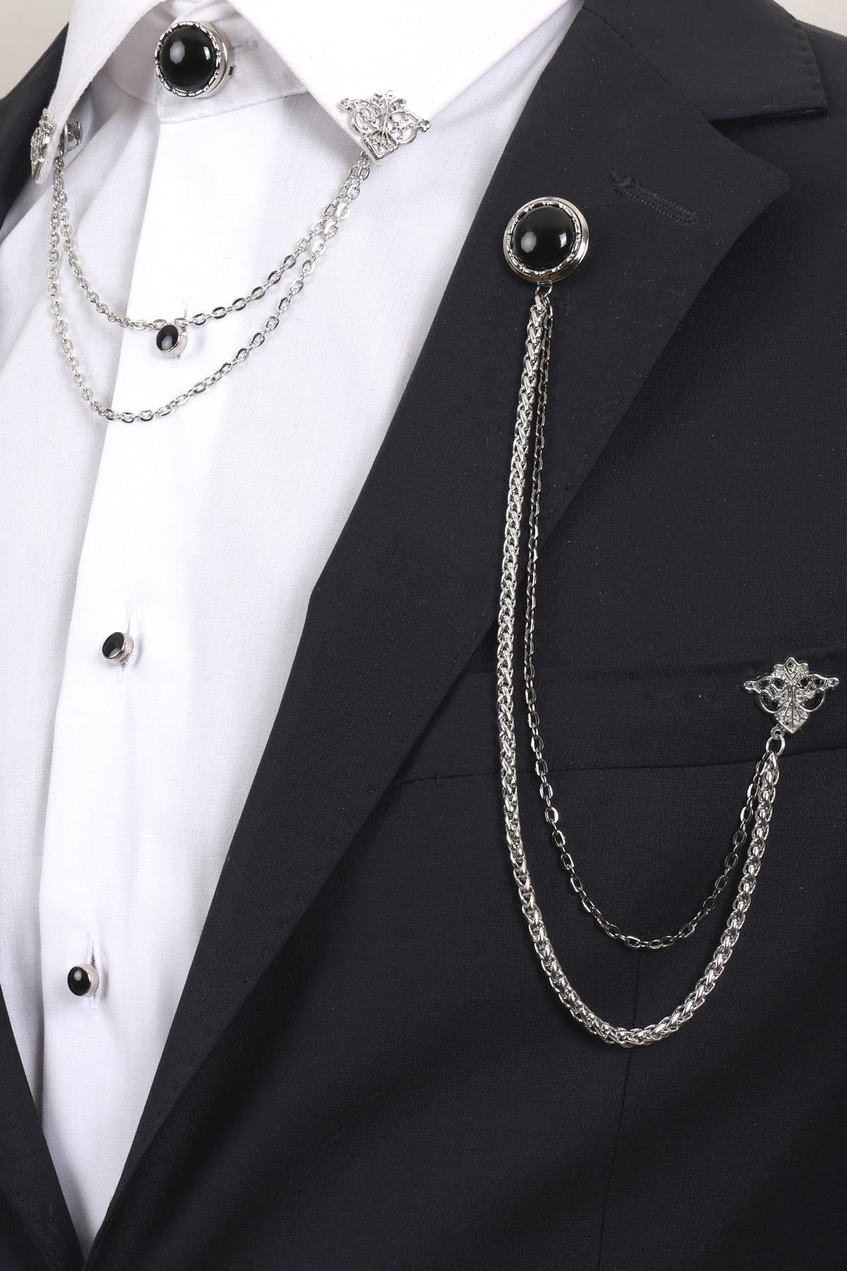Esgue Gümüş Renk Siyah Taşlı Yaka Broş Seti – 3 Parça Zincirli Aksesuar Yaka Seti (BRS19)