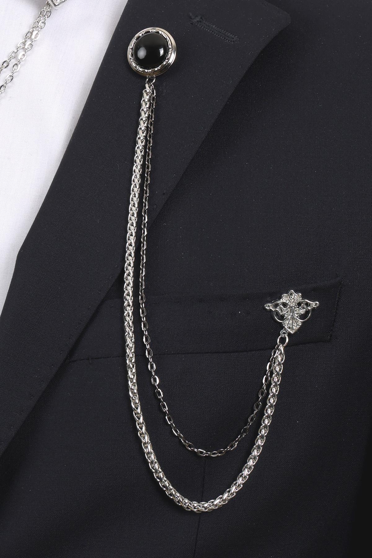 Esgue Gümüş Renk Siyah Taşlı Yaka Broş Seti – 3 Parça Zincirli Aksesuar Yaka Seti (BRS19)
