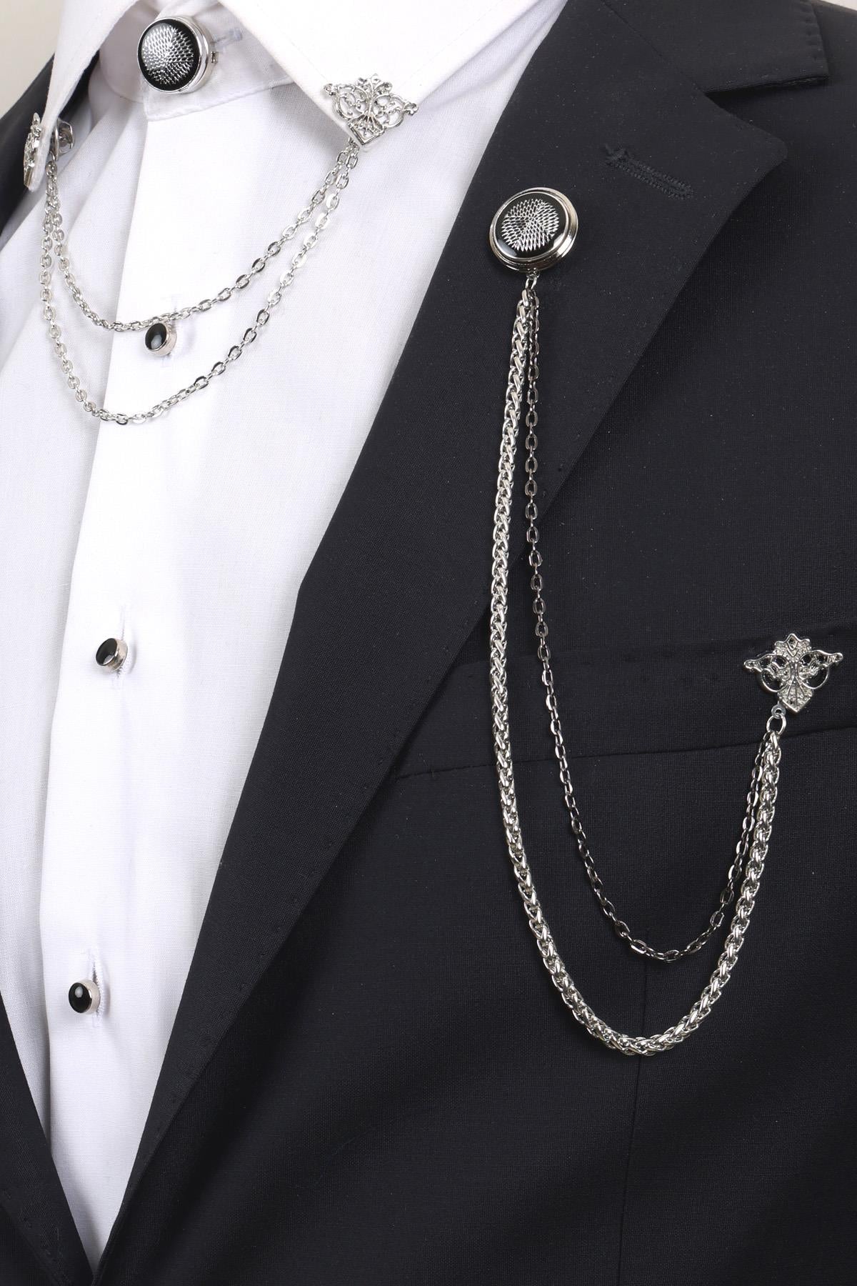 Esgue Gümüş Renk Siyah Desenli Yaka Broş Seti – 3 Parça Zincirli Aksesuar Yaka Seti (BRS21)