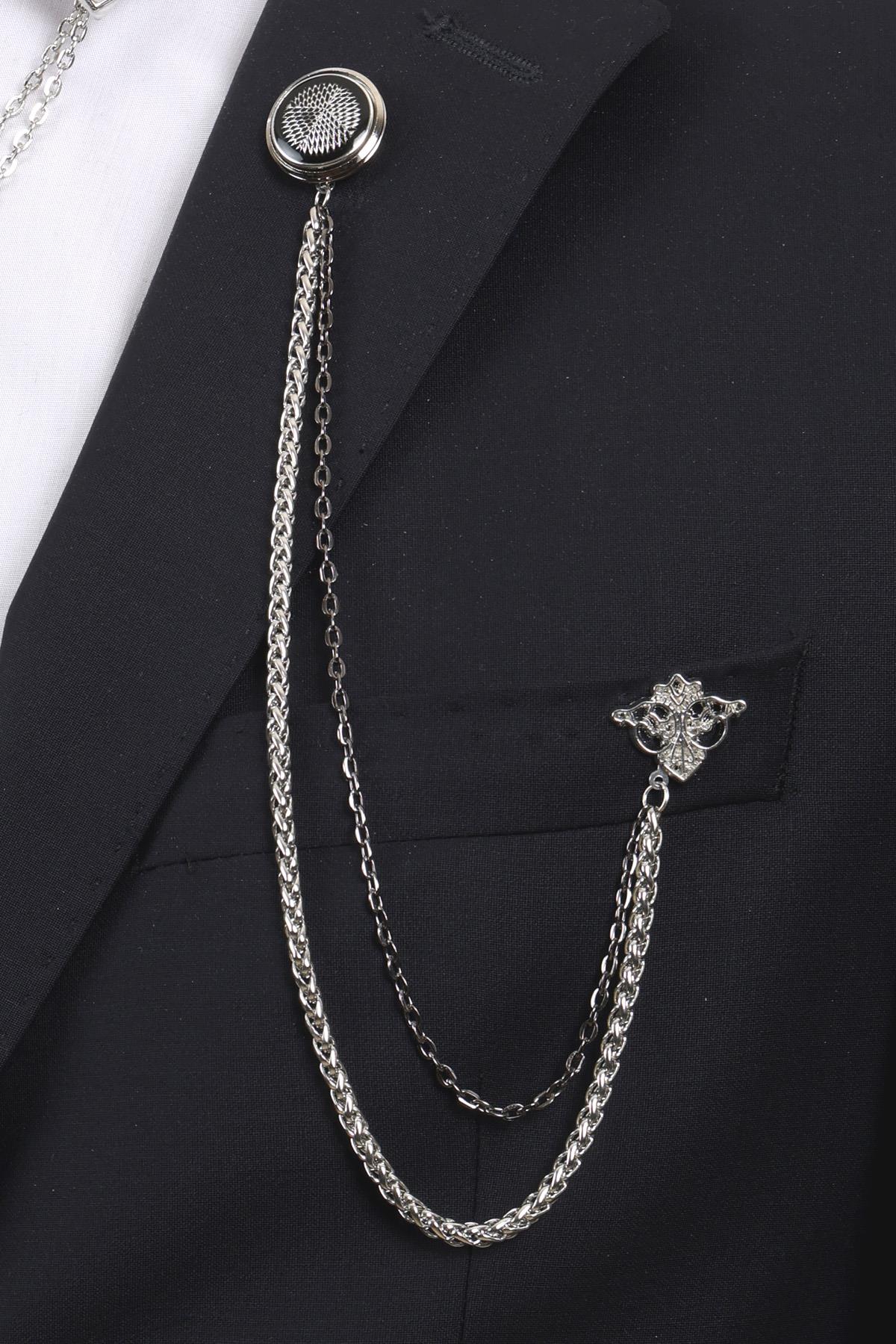 Esgue Gümüş Renk Siyah Desenli Yaka Broş Seti – 3 Parça Zincirli Aksesuar Yaka Seti (BRS21)