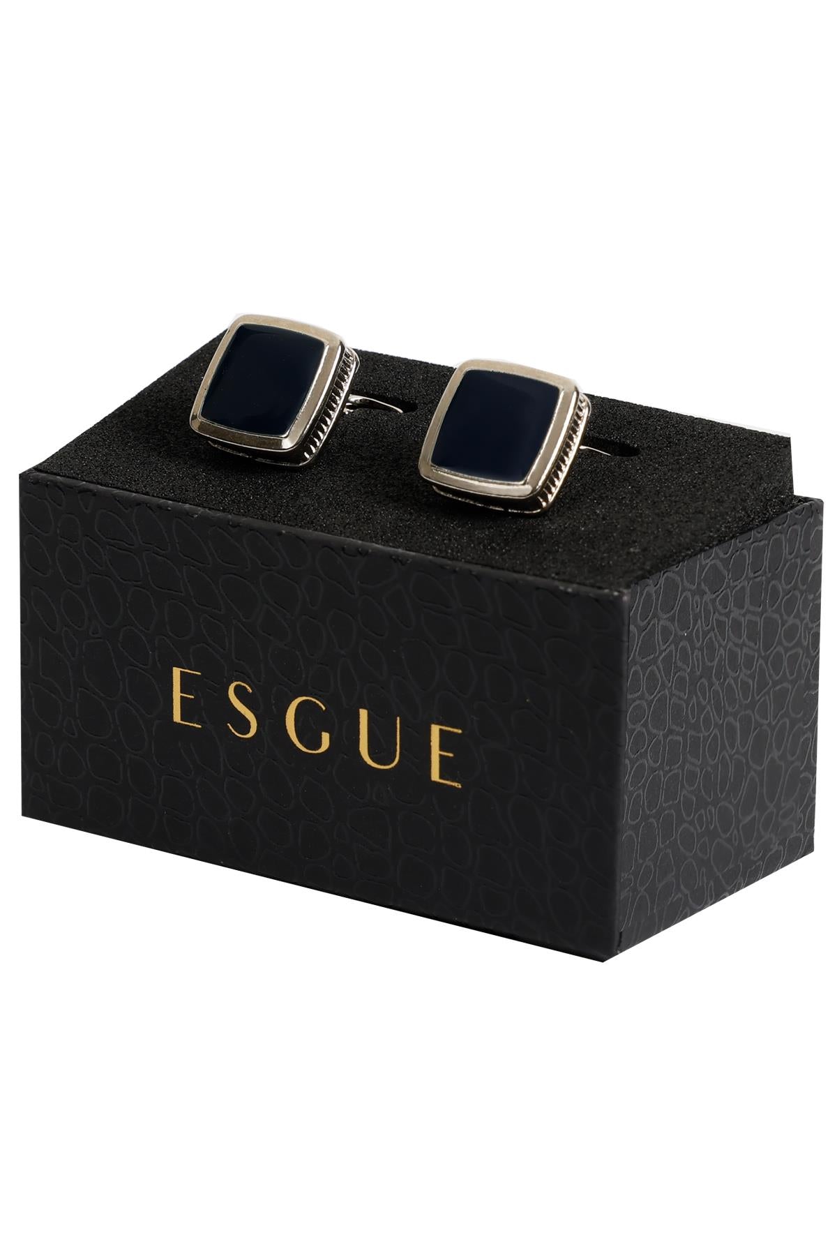 Esgue Gümüş Renk Lacivert Mineli Kare Kol Düğmesi KD:7503