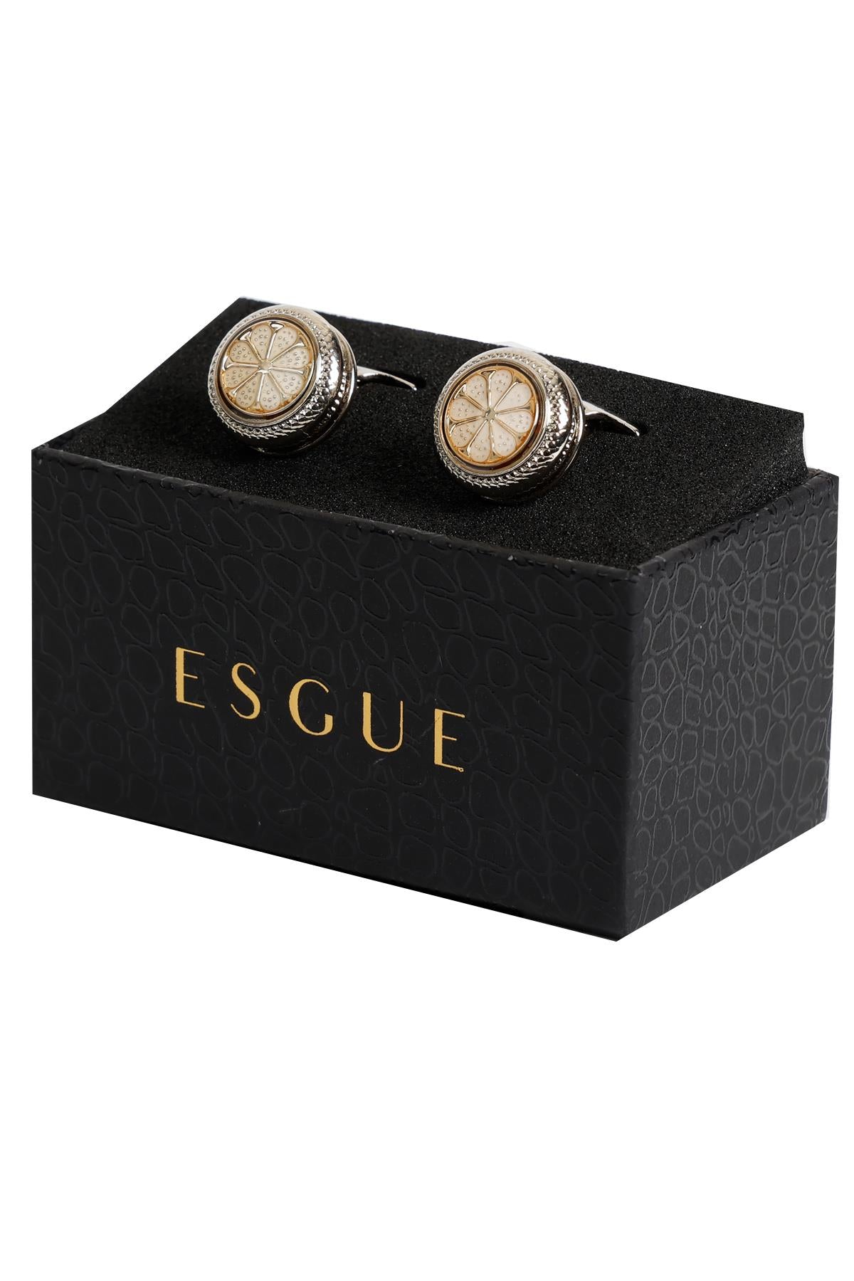 Esgue Gümüş Renk Sarı Desenli Yuvarlak Kol Düğmesi KD:7210