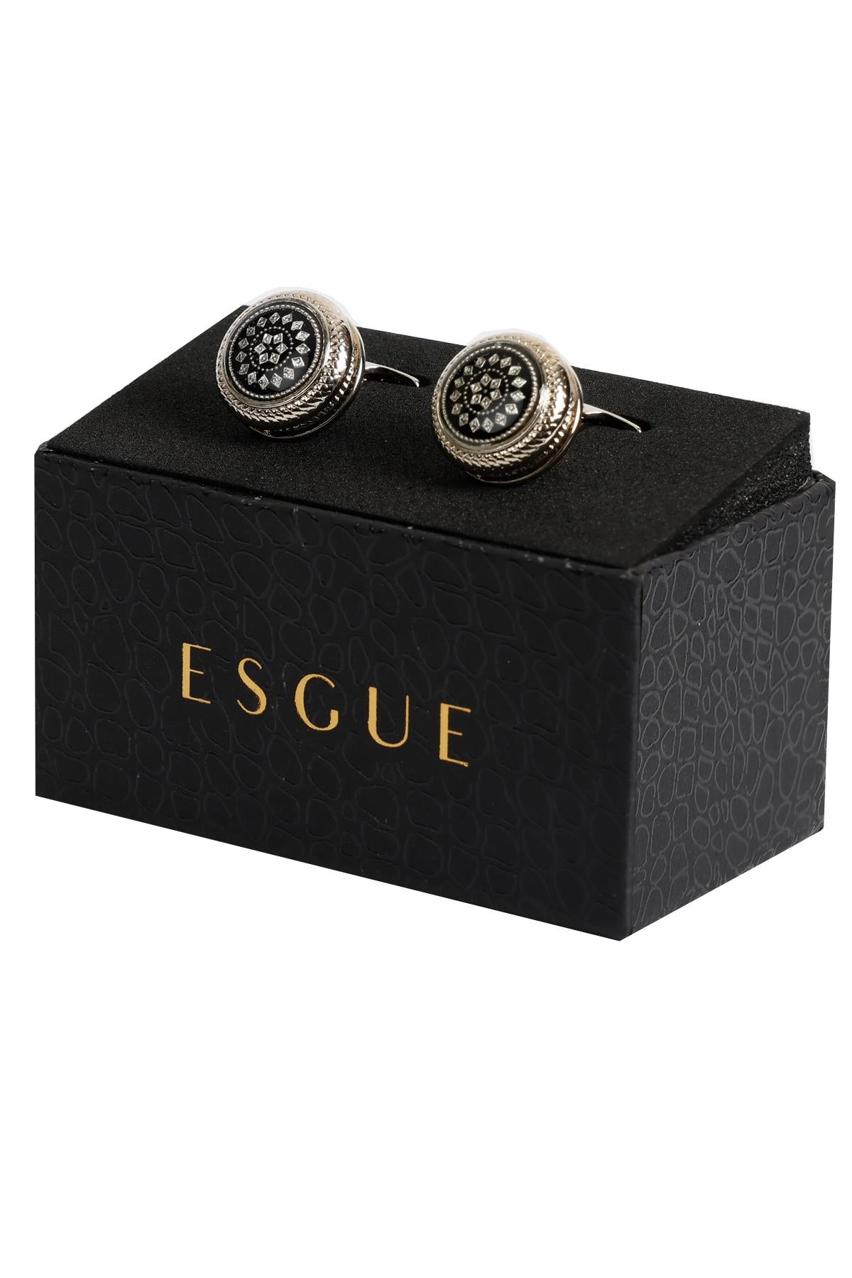 Esgue Gümüş Renk Siyah Desenli Yuvarlak Kol Düğmesi KD:7200