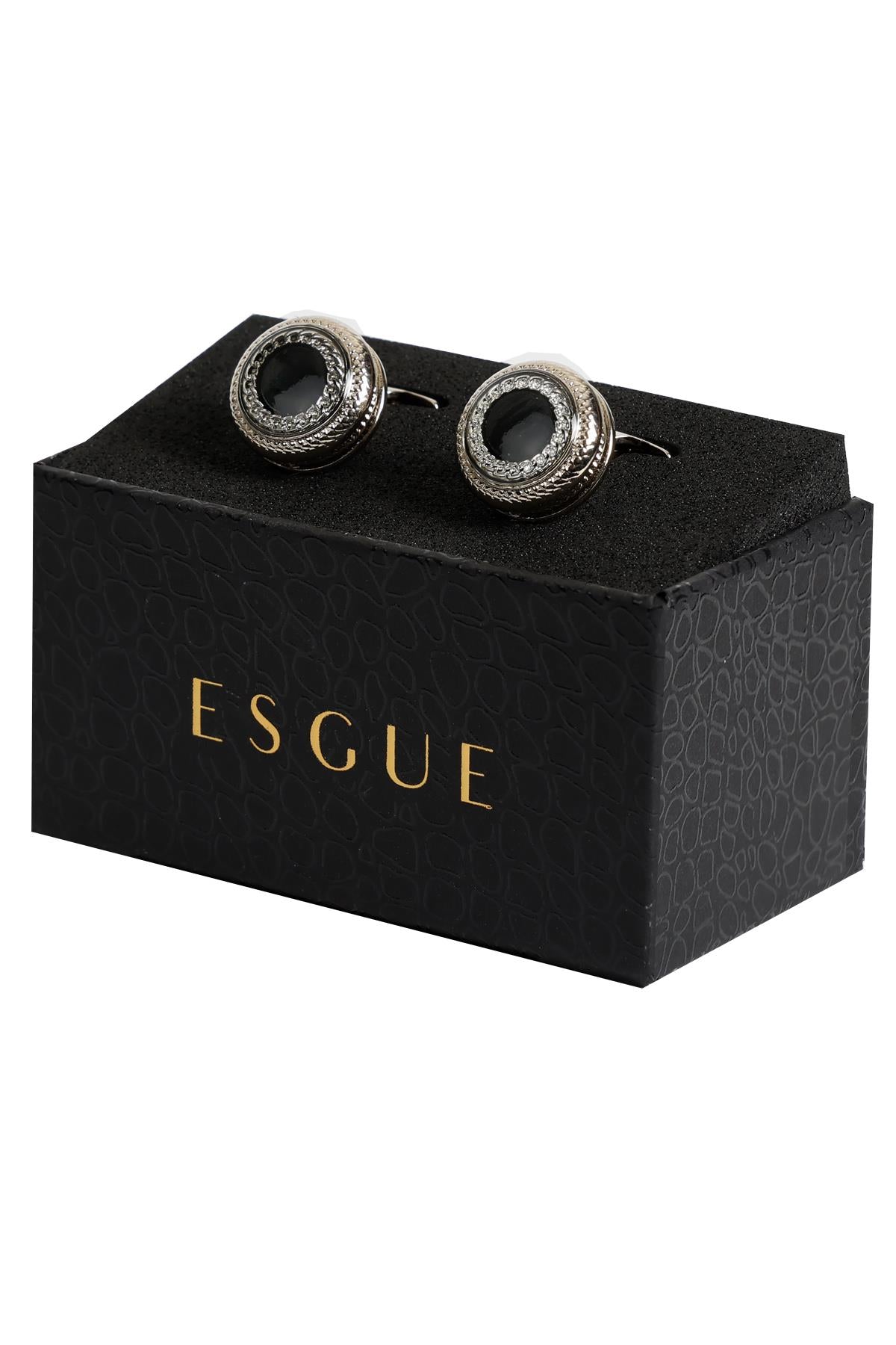 Esgue Gümüş Renk Siyah Desenli Yuvarlak Kol Düğmesi KD:7202