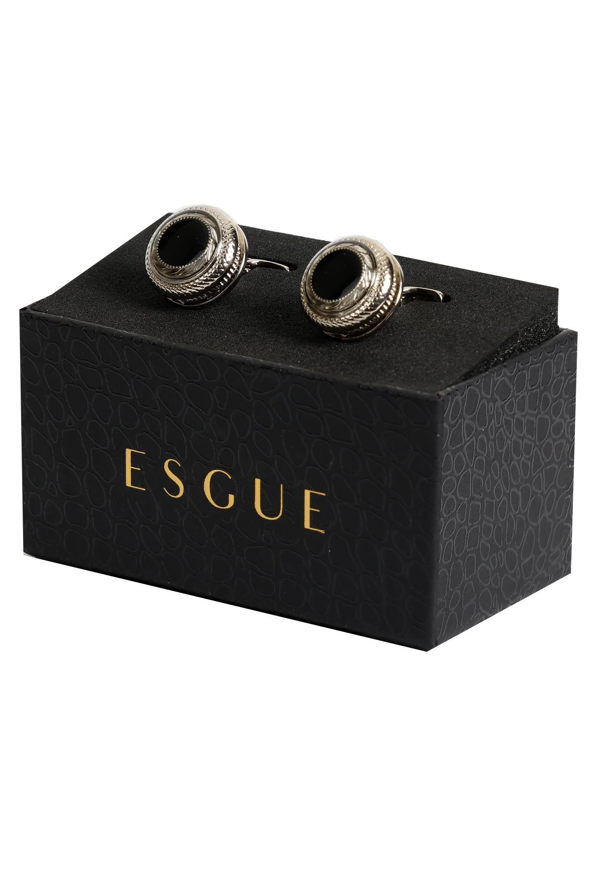 Esgue Gümüş Renk Siyah Desenli Yuvarlak Kol Düğmesi KD:7203