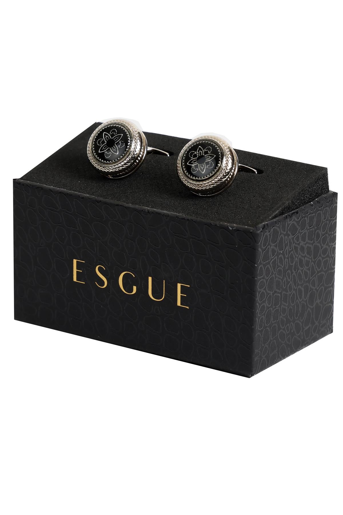 Esgue Gümüş Renk Siyah Desenli Yuvarlak Kol Düğmesi KD:7206