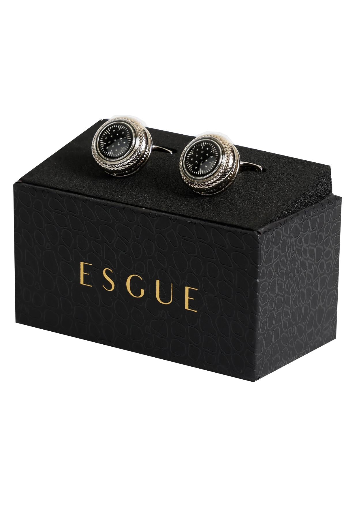 Esgue Gümüş Renk Siyah Desenli Yuvarlak Kol Düğmesi KD:7207