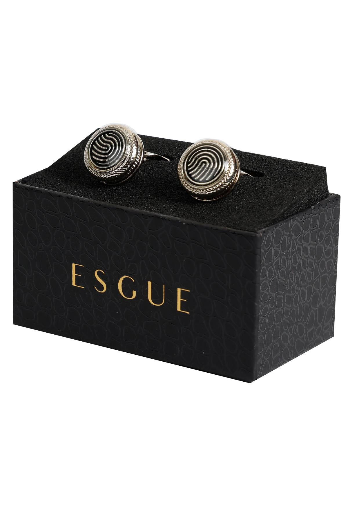 Esgue Gümüş Renk Siyah Desenli Yuvarlak Kol Düğmesi KD:7208