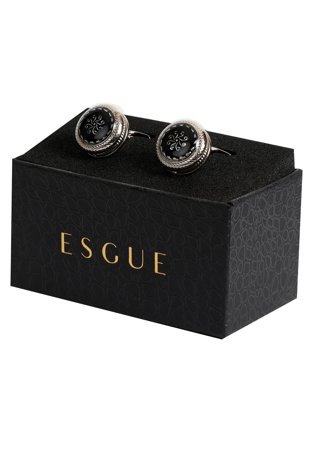 Esgue Gümüş Renk Siyah Desenli Yuvarlak Kol Düğmesi KD:7209