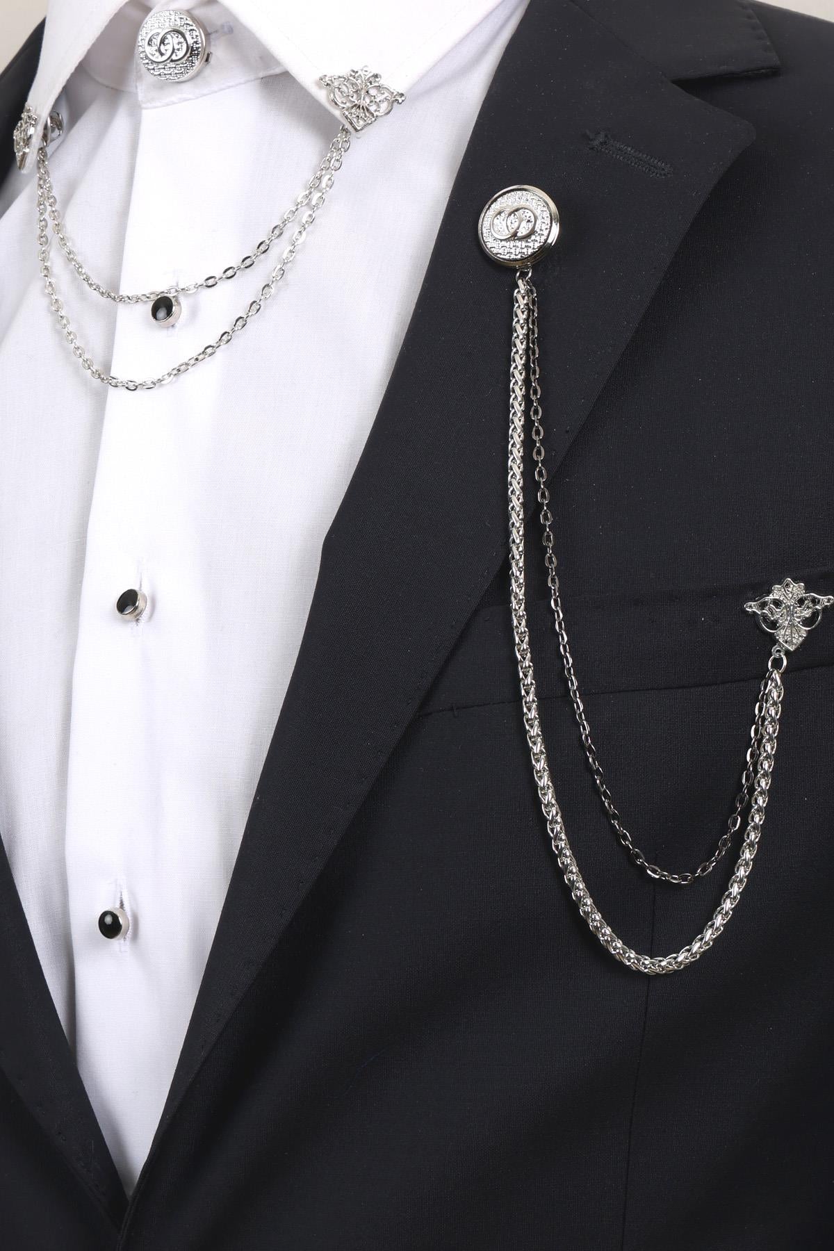 Esgue Gümüş Renk Halka Desen Yaka Broş Seti – 3 Parça Zincirli Aksesuar Yaka Seti (BRS20)