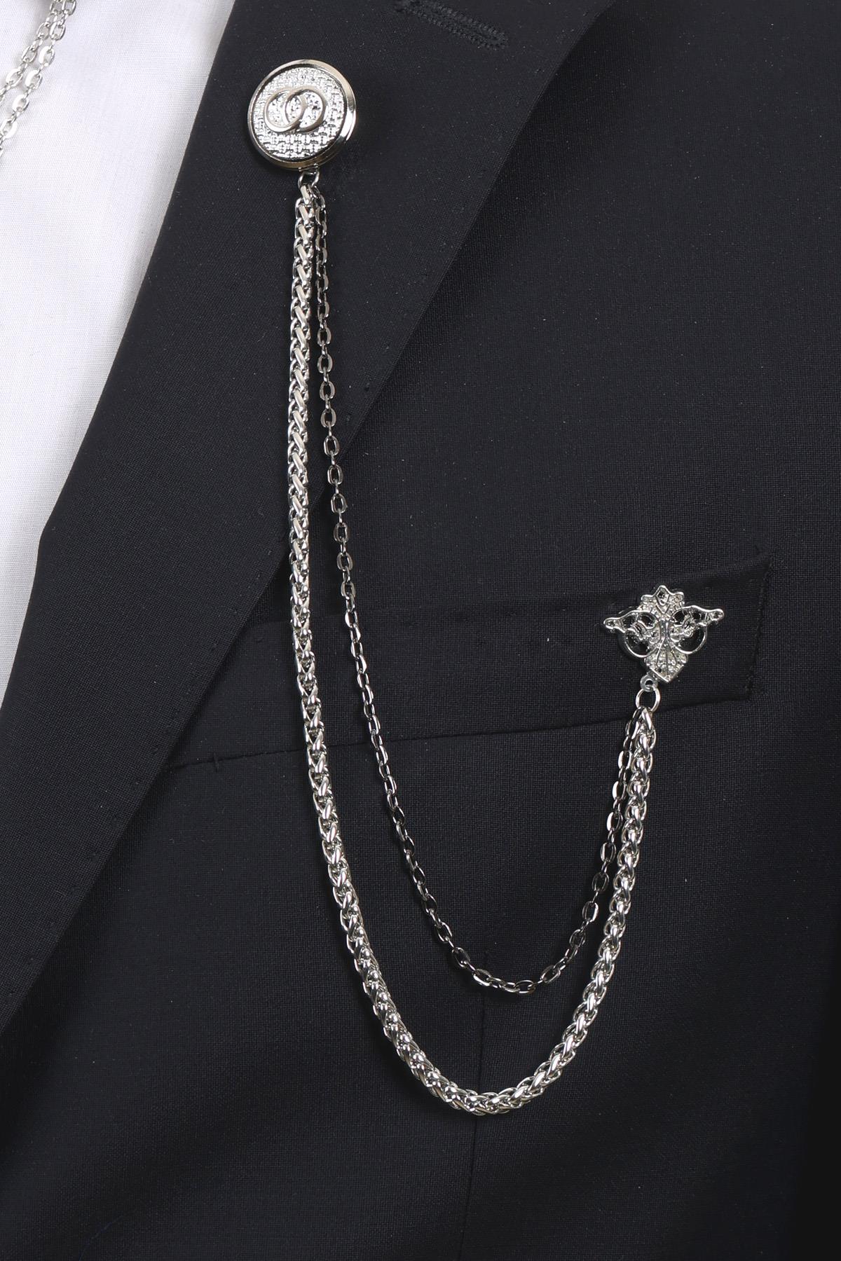 Esgue Gümüş Renk Halka Desen Yaka Broş Seti – 3 Parça Zincirli Aksesuar Yaka Seti (BRS20)