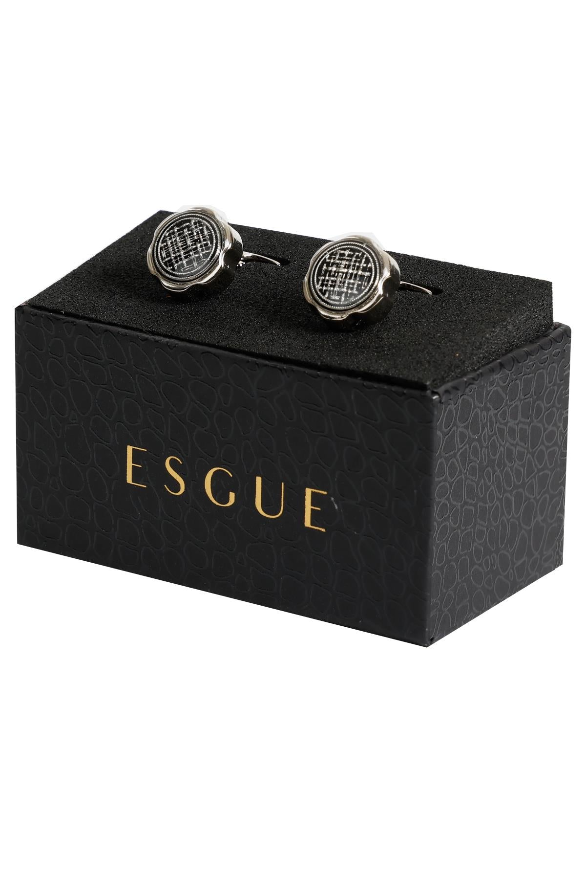 Esgue Gümüş Renk Siyah Yuvarlak Desenli Kol Düğmesi KD:7000