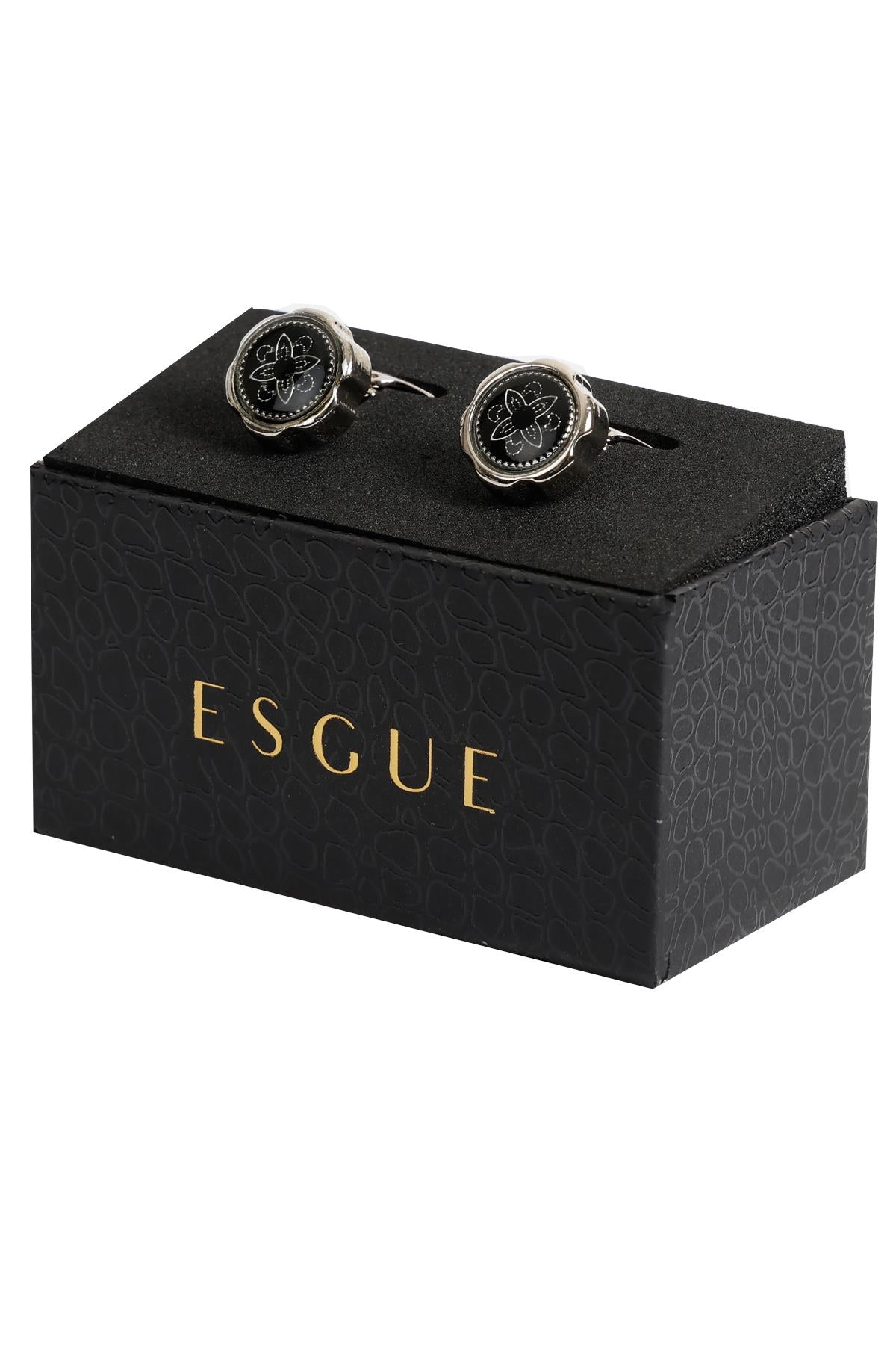 Esgue Gümüş Renk Siyah Yuvarlak Desenli Kol Düğmesi KD:7002