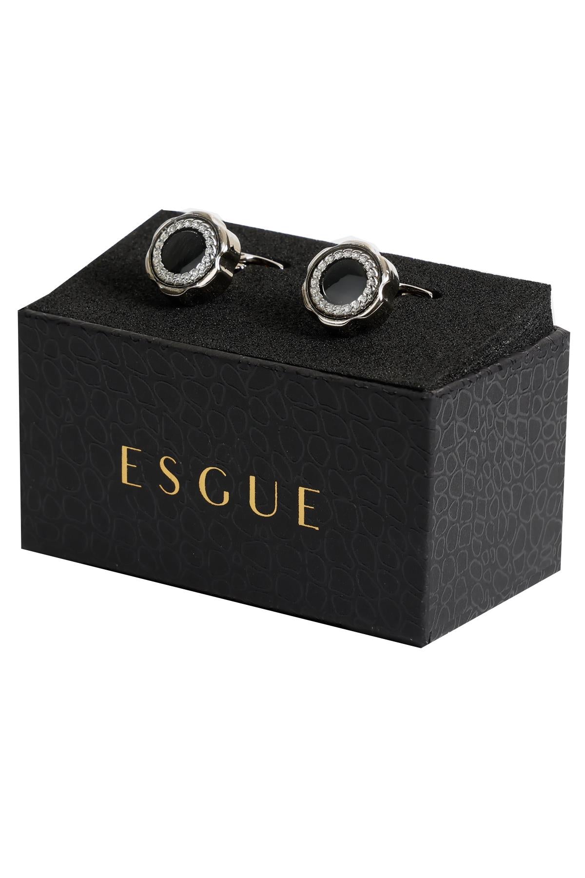 Esgue Gümüş Renk Siyah Yuvarlak Desenli Kol Düğmesi KD:7004