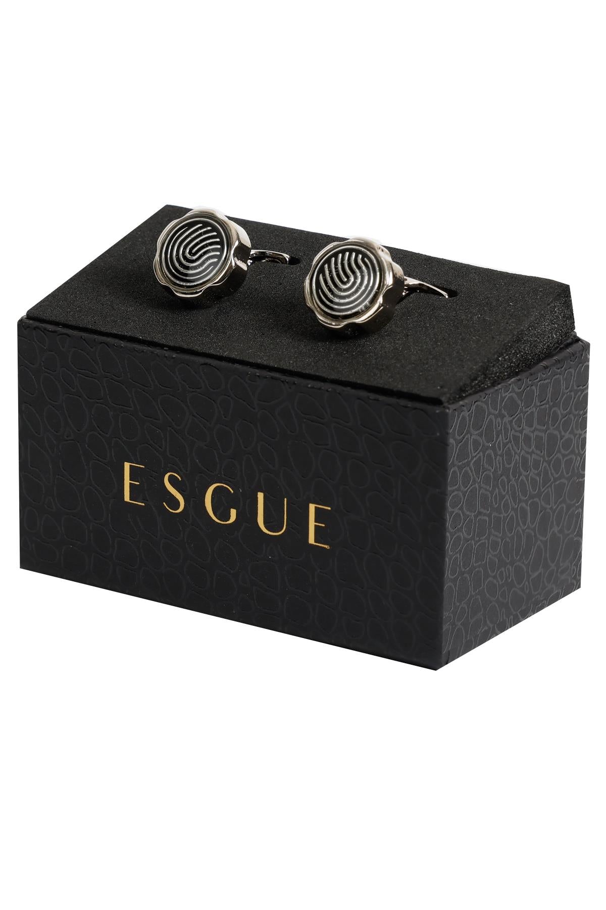 Esgue Gümüş Renk Siyah Yuvarlak Desenli Kol Düğmesi KD:7008