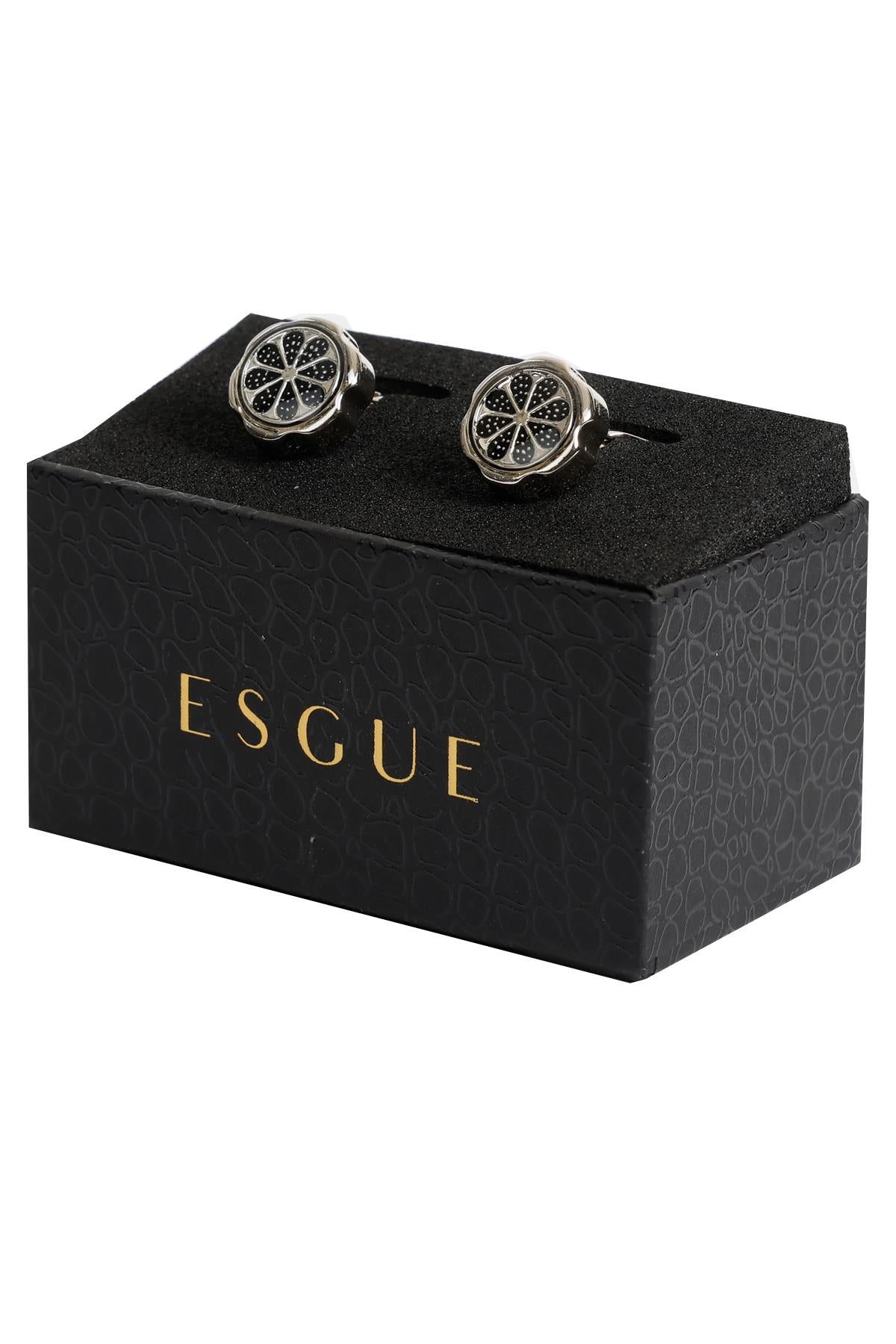 Esgue Gümüş Renk Siyah Yuvarlak Desenli Kol Düğmesi KD:7009