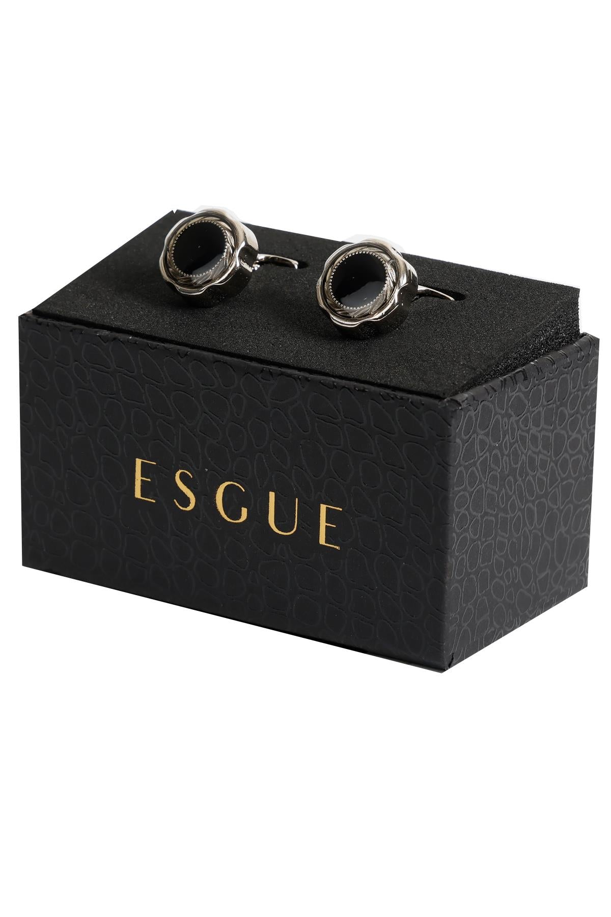 Esgue Gümüş Renk Siyah Yuvarlak Desenli Kol Düğmesi KD:7010