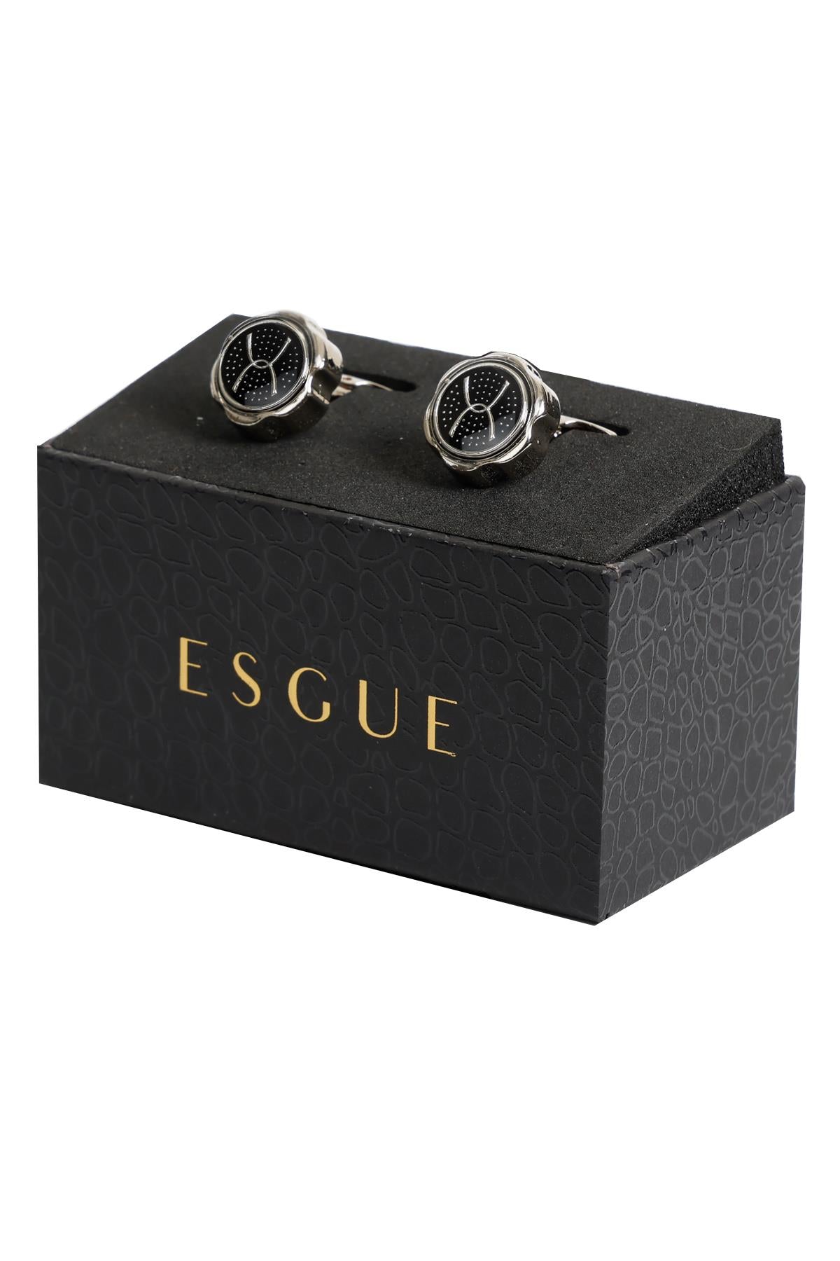 Esgue Gümüş Renk Siyah Yuvarlak Desenli Kol Düğmesi KD:7011