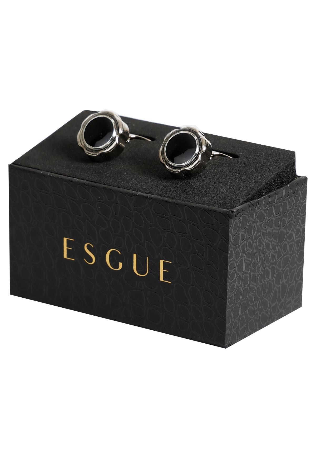 Esgue Gümüş Renk Siyah Yuvarlak Desenli Kol Düğmesi KD:7013