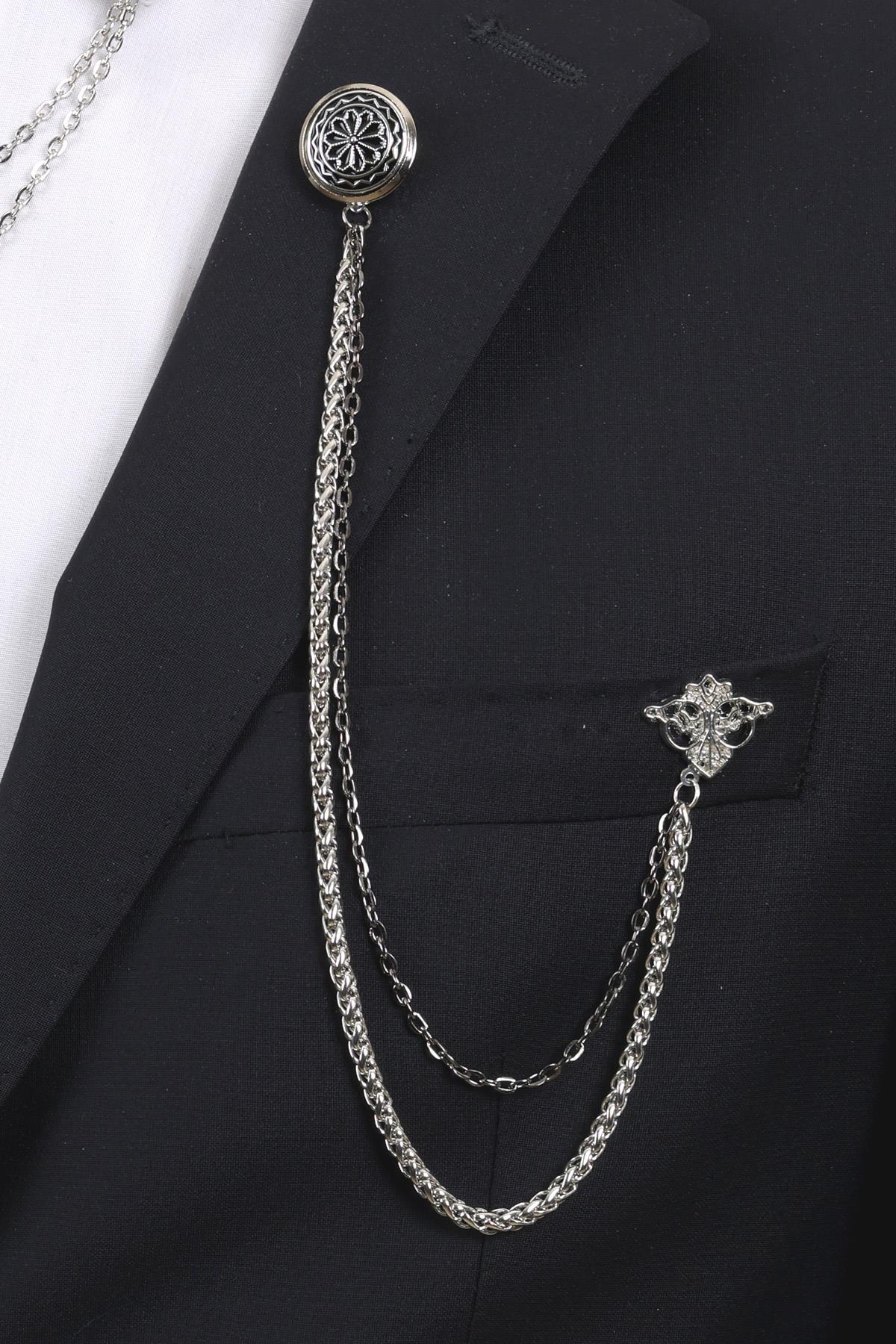 Esgue Gümüş Renk Desenli Yaka Broş Seti – 3 Parça Zincirli Takım Elbise Gömlek Yaka Seti (BRS17)