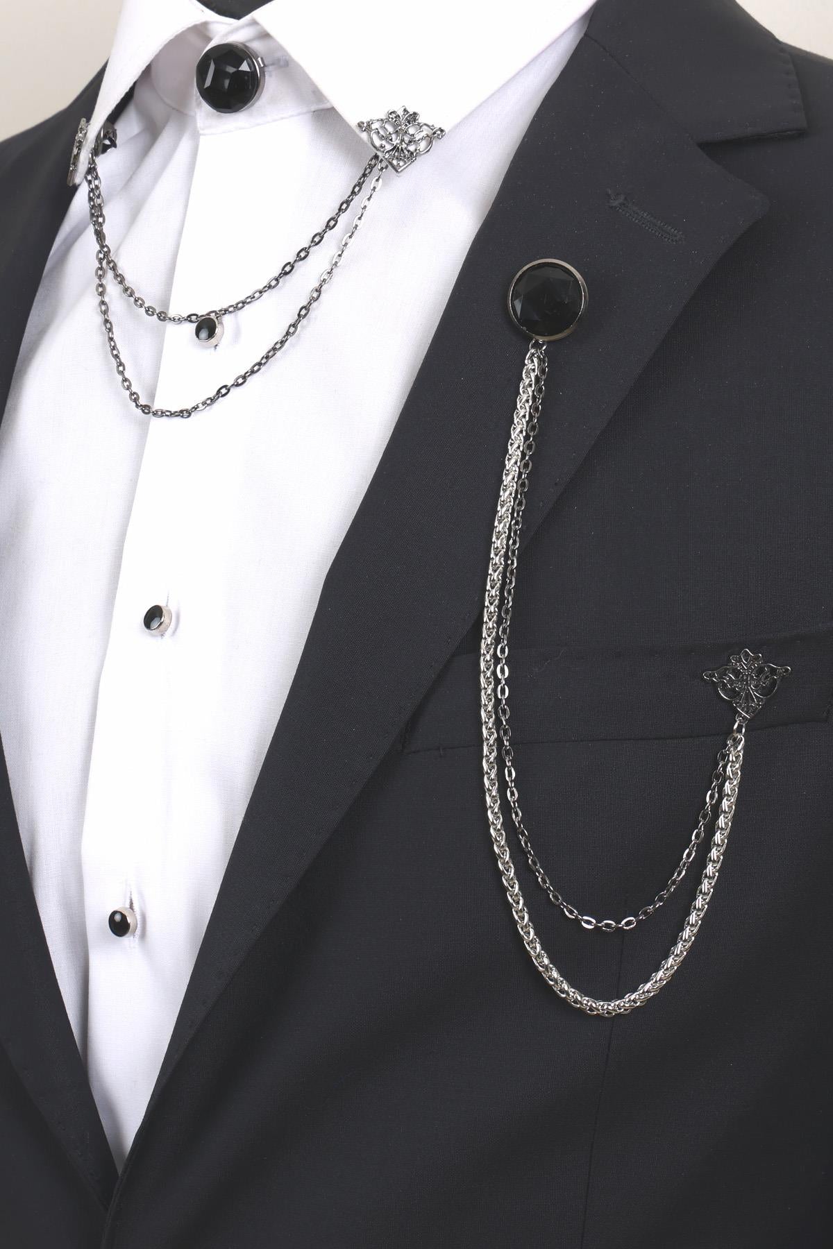 Esgue Erkek Siyah Taşlı Zincirli Ceket & Gömlek Yaka Broş Seti – 3 Parça Takım Elbise Aksesuarı (BRS01)