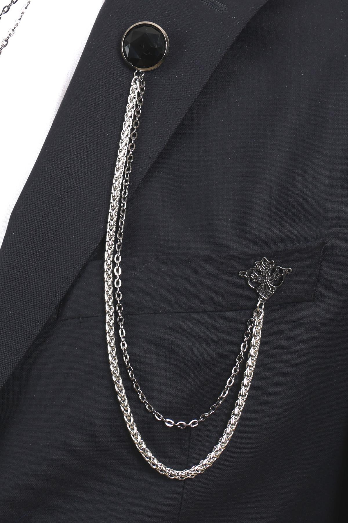 Esgue Erkek Siyah Taşlı Zincirli Ceket & Gömlek Yaka Broş Seti – 3 Parça Takım Elbise Aksesuarı (BRS01)