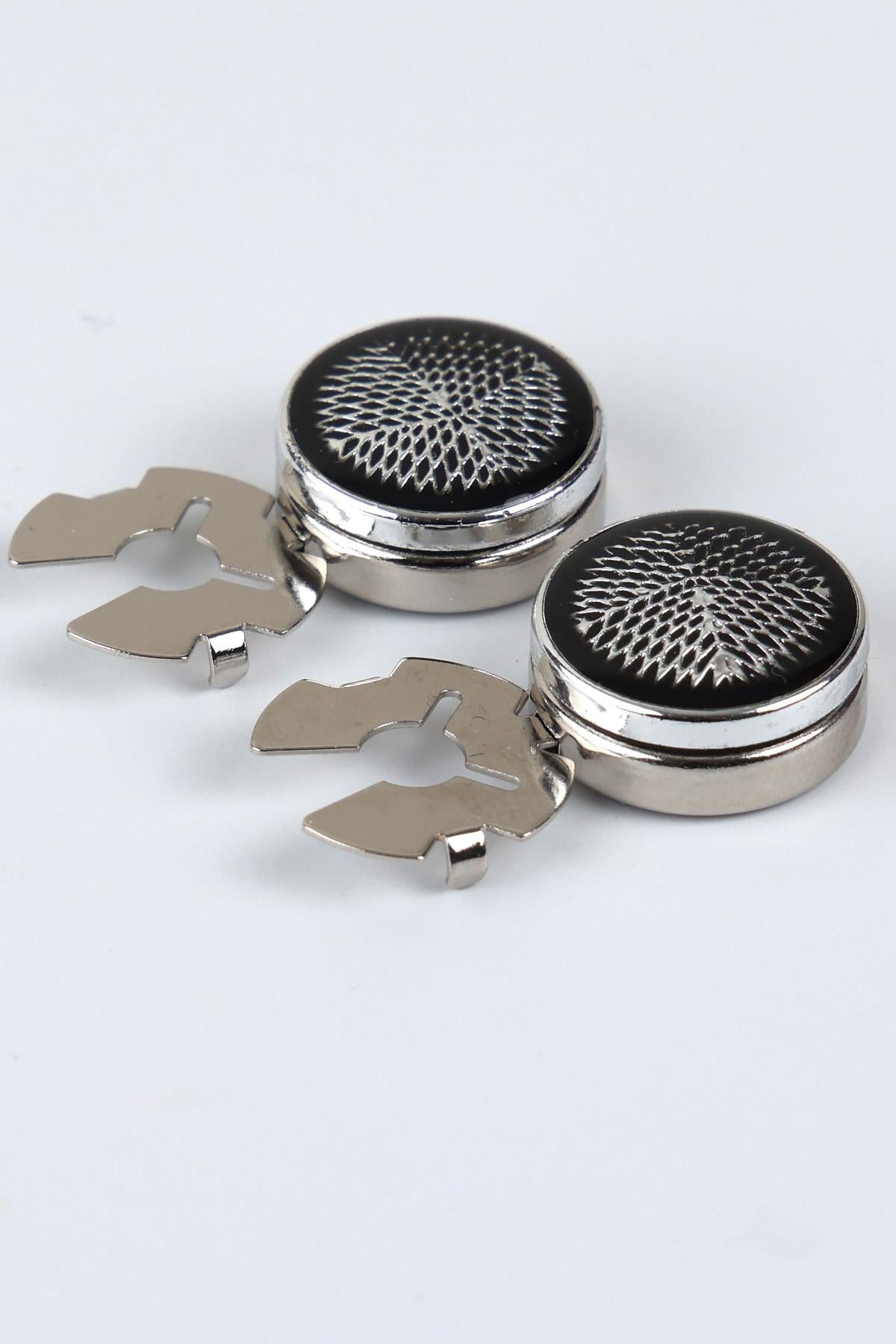 Esgue Gümüş Siyah Desenli Geçme Klipsli Kol Düğmesi - M1120