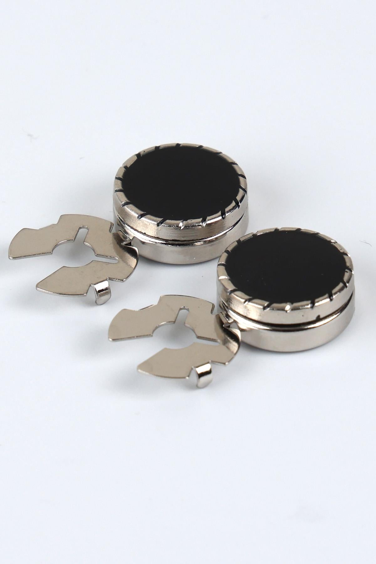 Esgue Gümüş Siyah Geçme Klipsli Kol Düğmesi - M1118