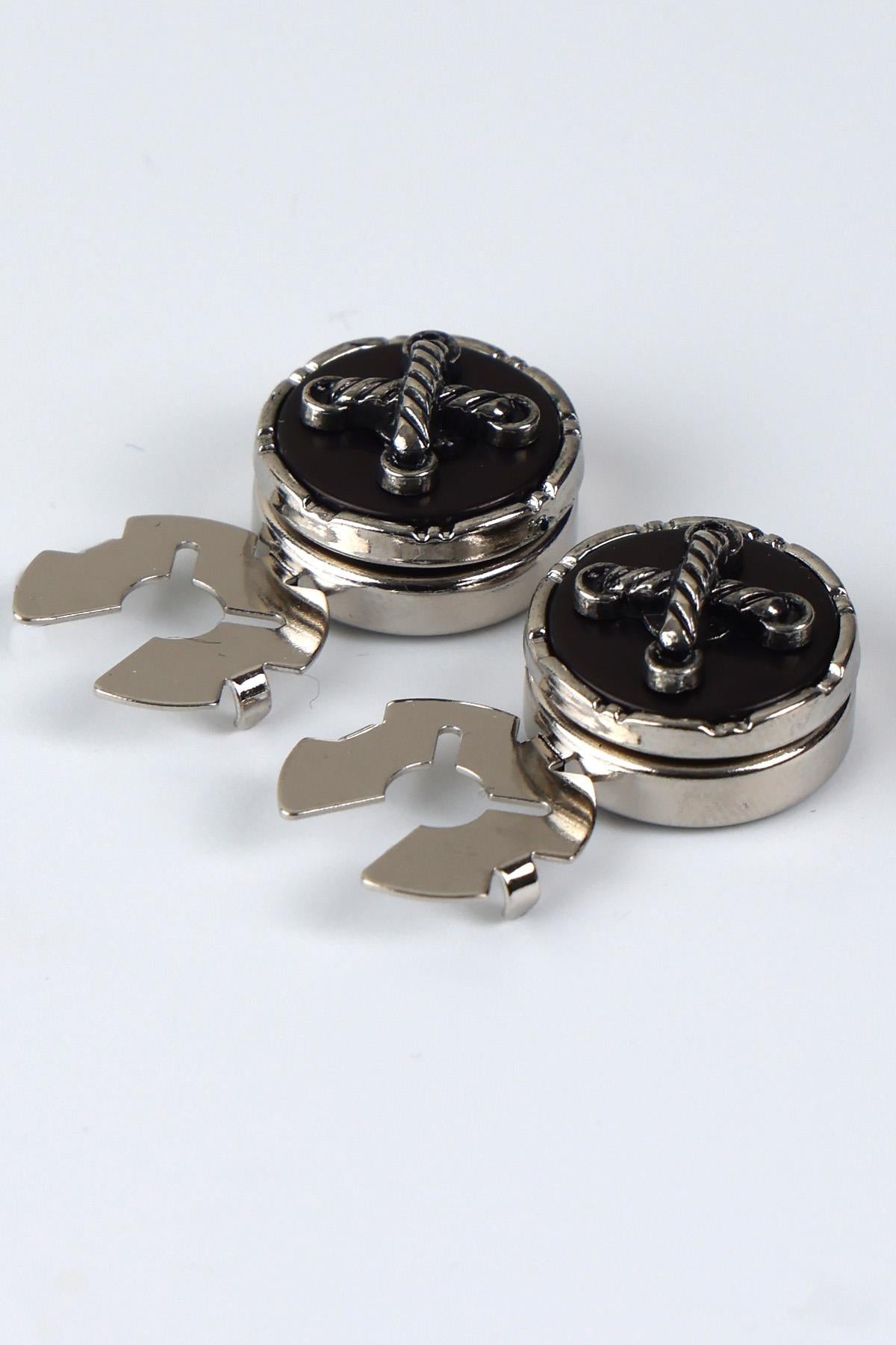 Esgue Gümüş Siyah Halat Desenli Geçme Klipsli Kol Düğmesi - M1123