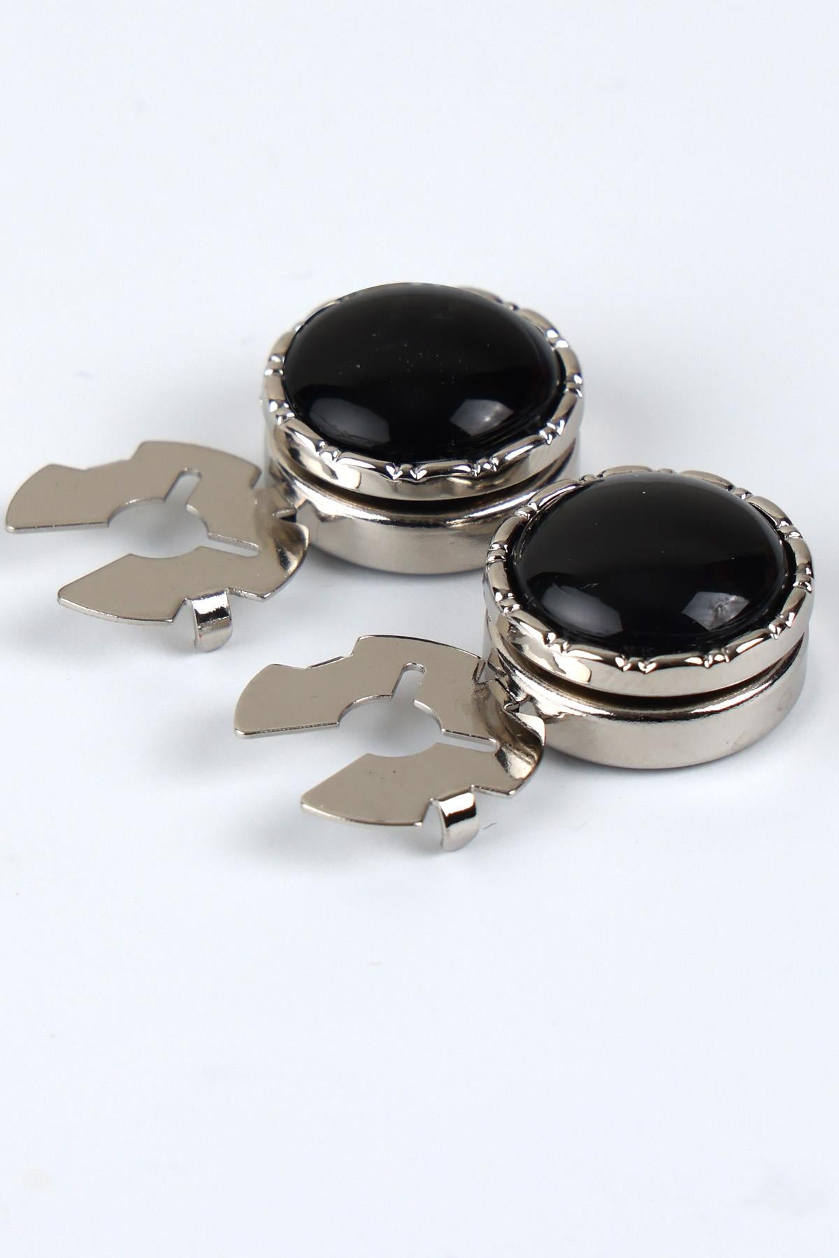 Esgue Gümüş Siyah Taşlı Geçme Klipsli Kol Düğmesi - M1122