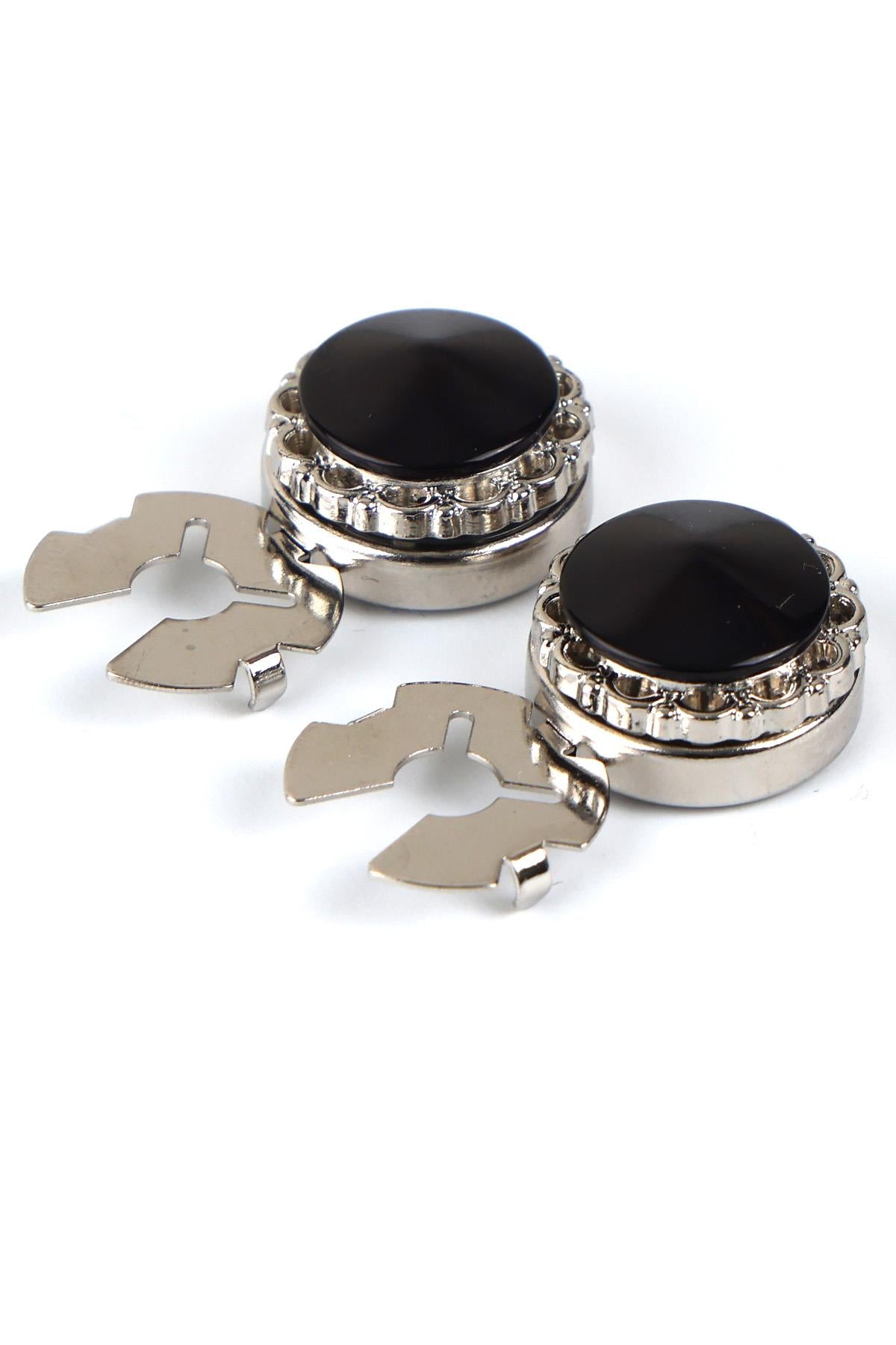 Esgue Gümüş Siyah Taşlı Geçme Klipsli Kol Düğmesi - M1125