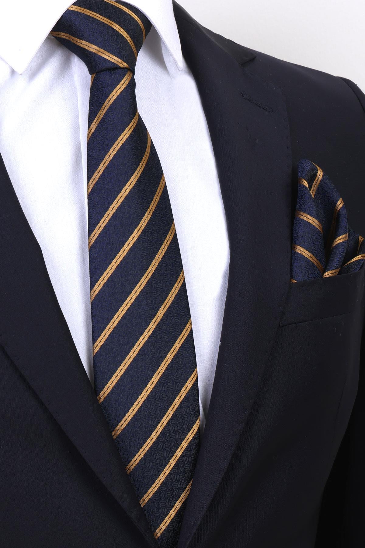 Esgue Hand Made 8 cm Gold Sarı & Lacivert Çizgili Desen Mendilli Kravat